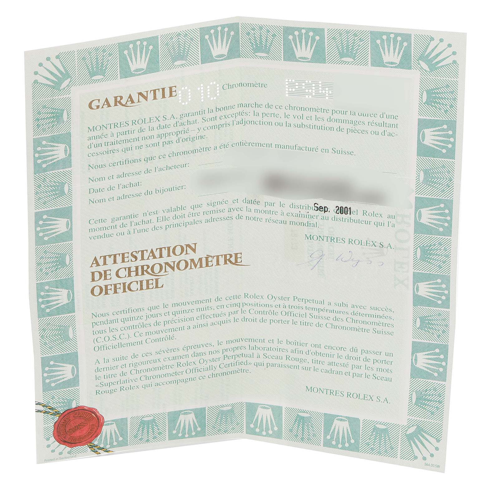 The image shows the warranty certificate for a Rolex Datejust 79173 Women's Steel and Gold (two tone) Grey Dial 79173 Women's Steel and Gold (two tone) Grey Dial watch, featuring various text and official seals.