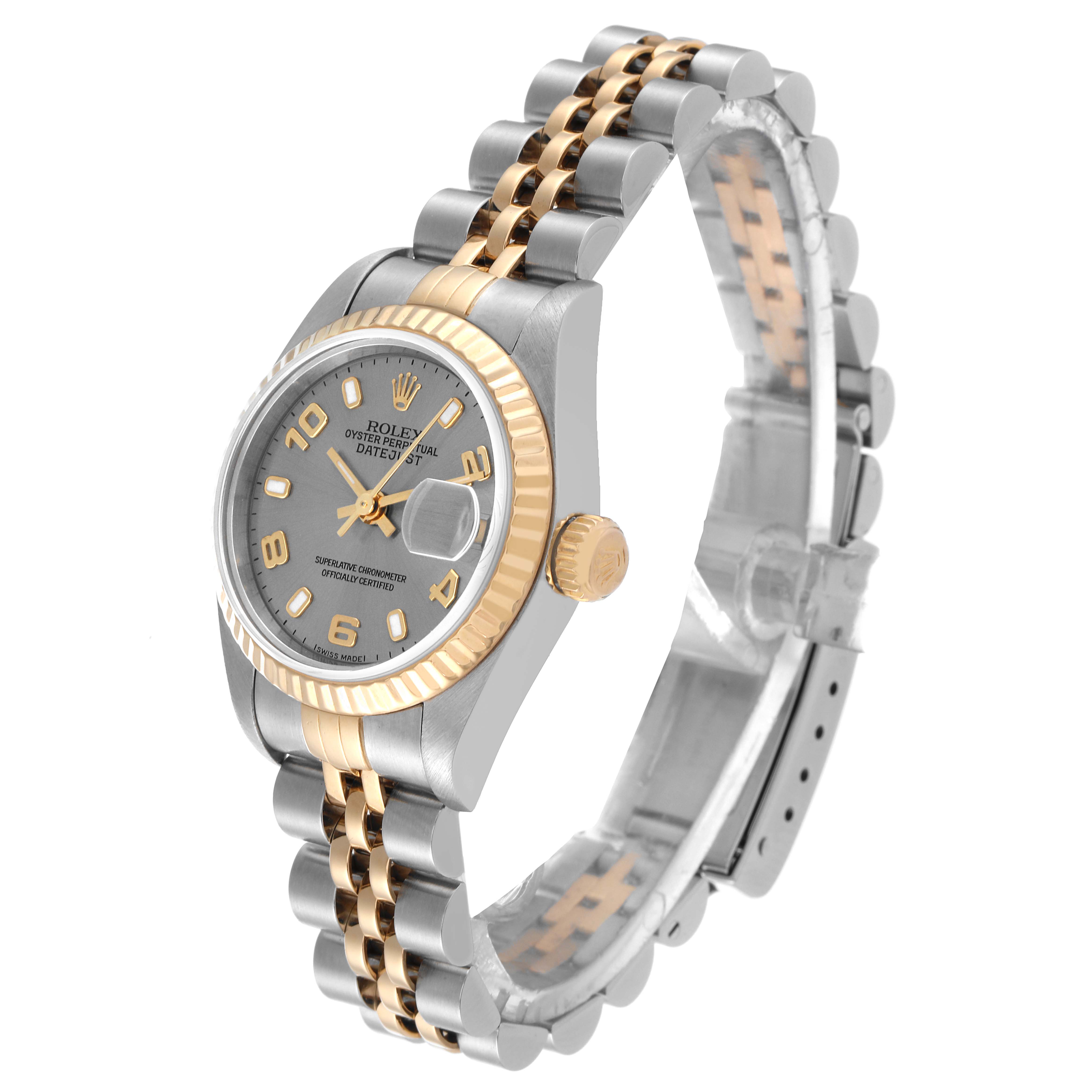 The image shows a Rolex Datejust 79173 Women's Steel and Gold (two tone) Grey Dial 79173 Women's Steel and Gold (two tone) Grey Dial watch at a three-quarter angle, highlighting the face, bezel, crown, and two-tone bracelet.