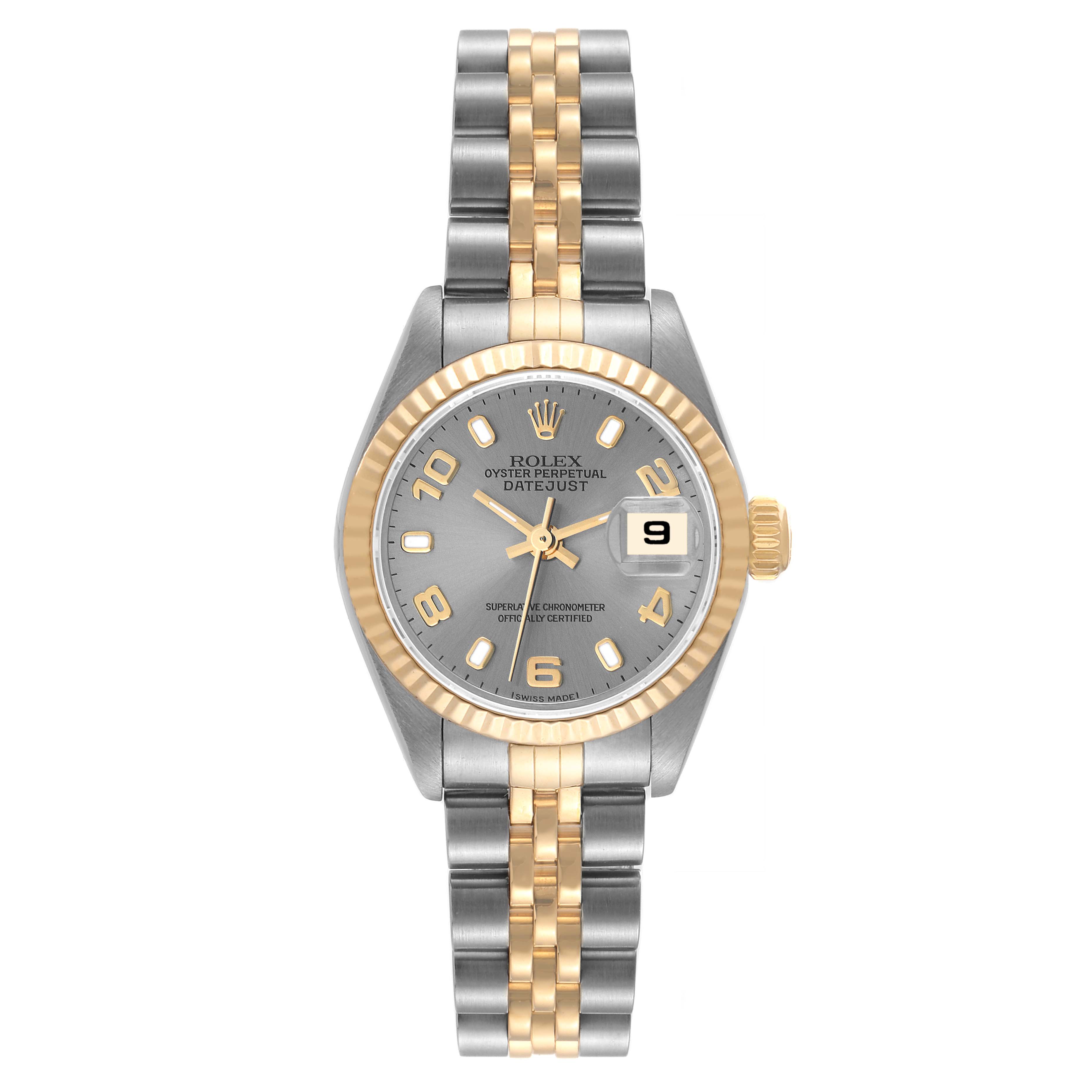 The image shows a front view of a Rolex Datejust 79173 Women's Steel and Gold (two tone) Grey Dial 79173 Women's Steel and Gold (two tone) Grey Dial watch, highlighting its face, bezel, and two-tone bracelet.