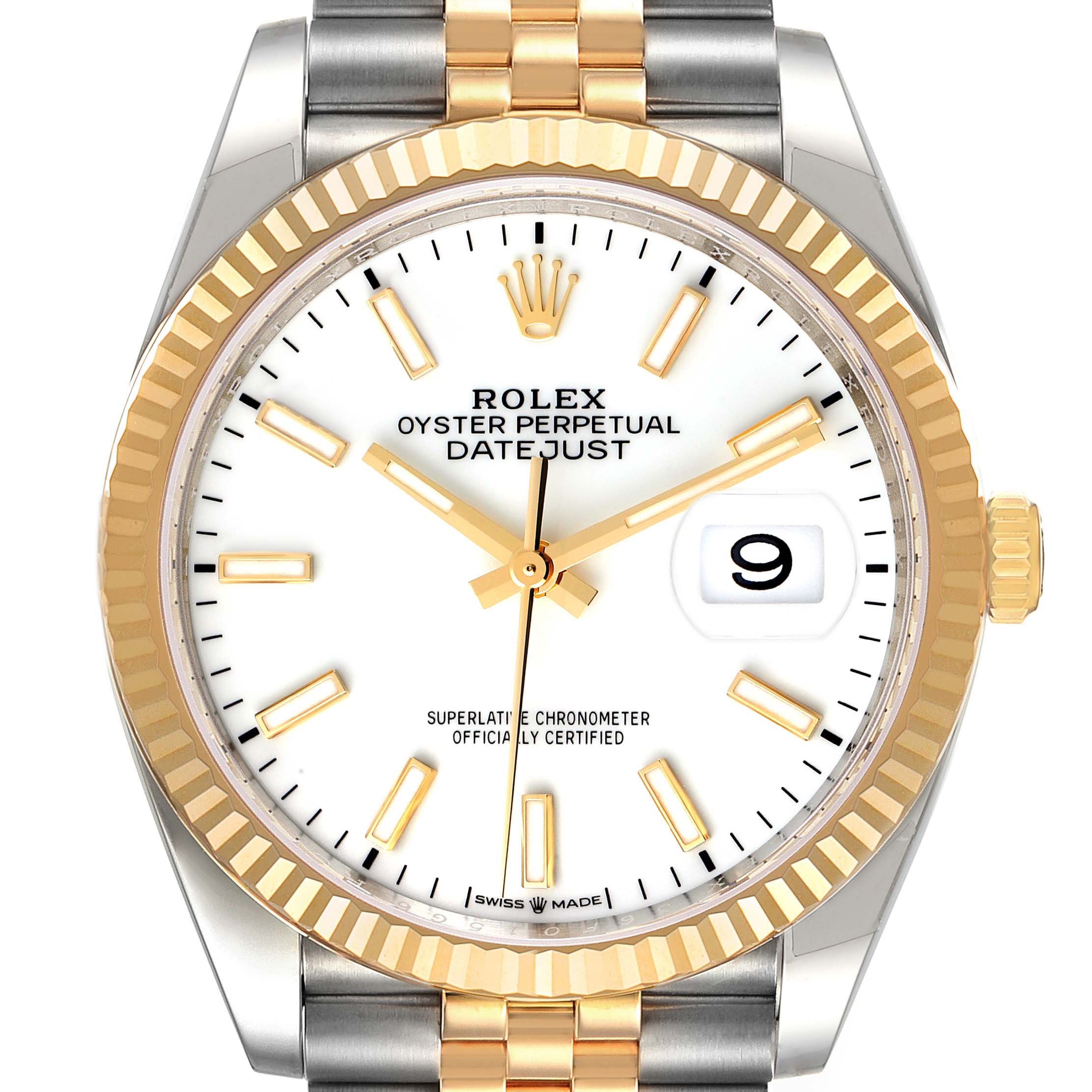 The image shows a front view of the Rolex Datejust 126233 Men's Steel and Gold (two tone) White Dial 126233 Men's Steel and Gold (two tone) White Dial watch, highlighting the dial, bezel, crown, and bracelet.