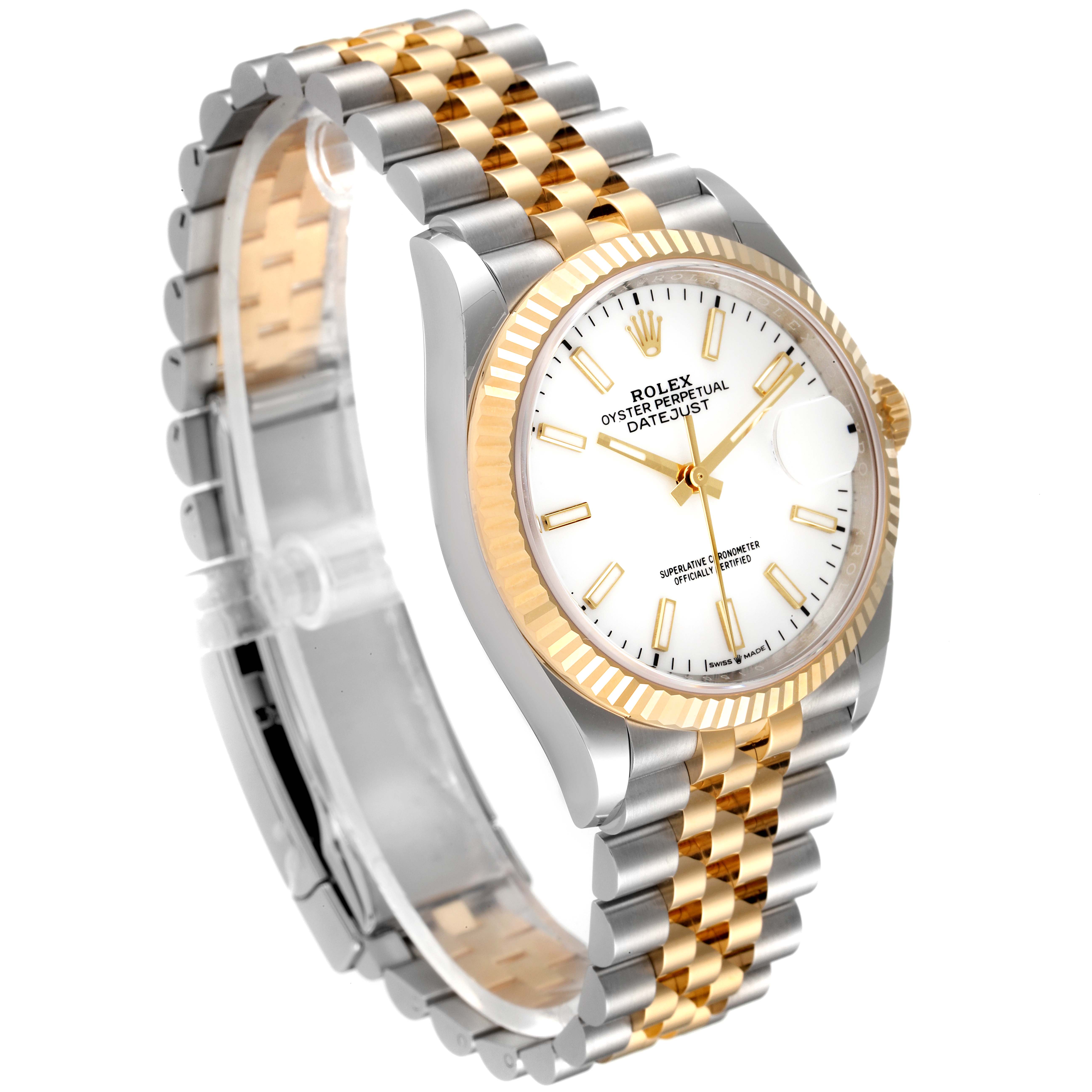 The image shows a Rolex Datejust 126233 Men's Steel and Gold (two tone) White Dial 126233 Men's Steel and Gold (two tone) White Dial watch at a left-side angle, highlighting its two-tone bracelet, bezel, and dial.