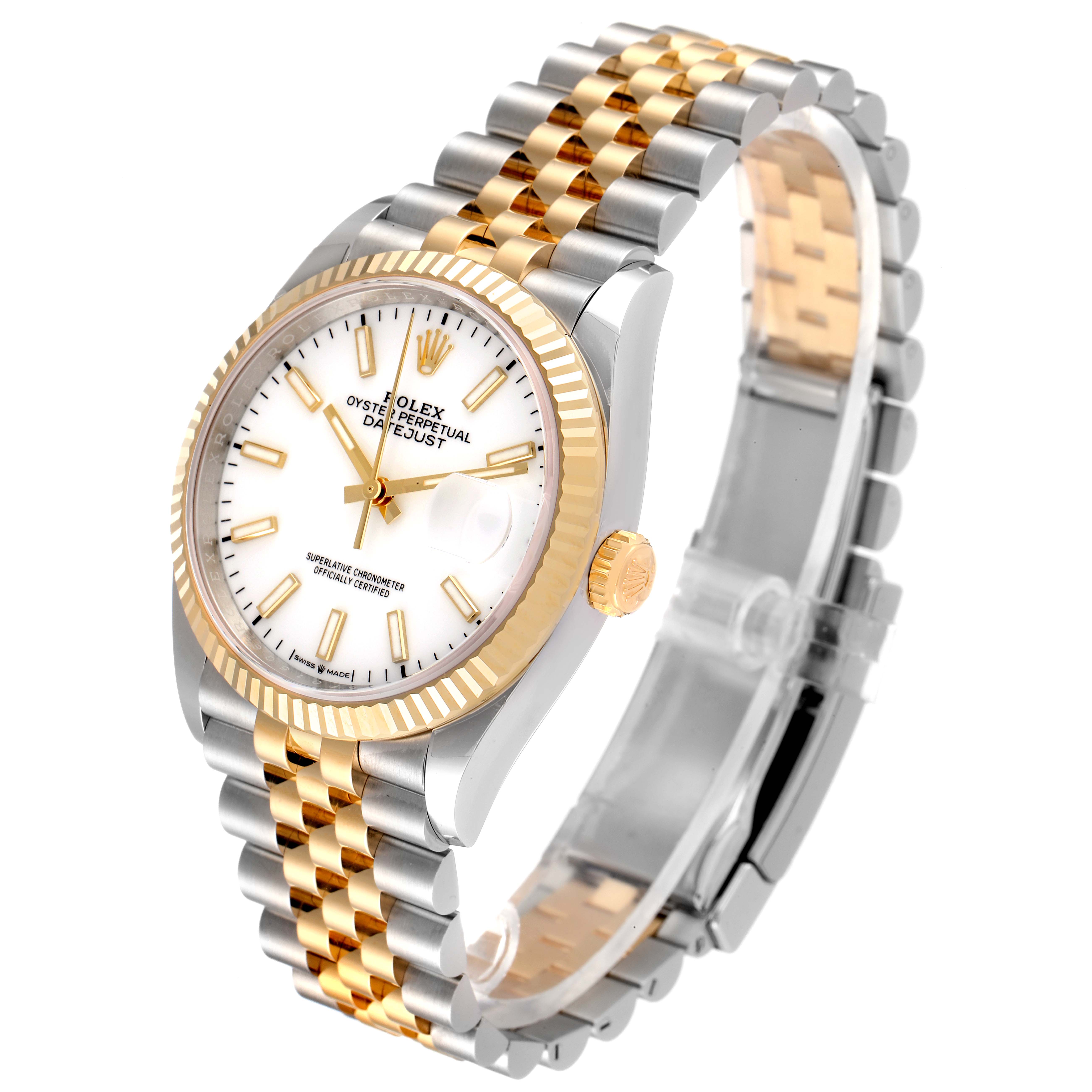The image shows a Rolex Datejust 126233 Men's Steel and Gold (two tone) White Dial 126233 Men's Steel and Gold (two tone) White Dial watch at an angle that displays the face, bezel, crown, and bracelet.