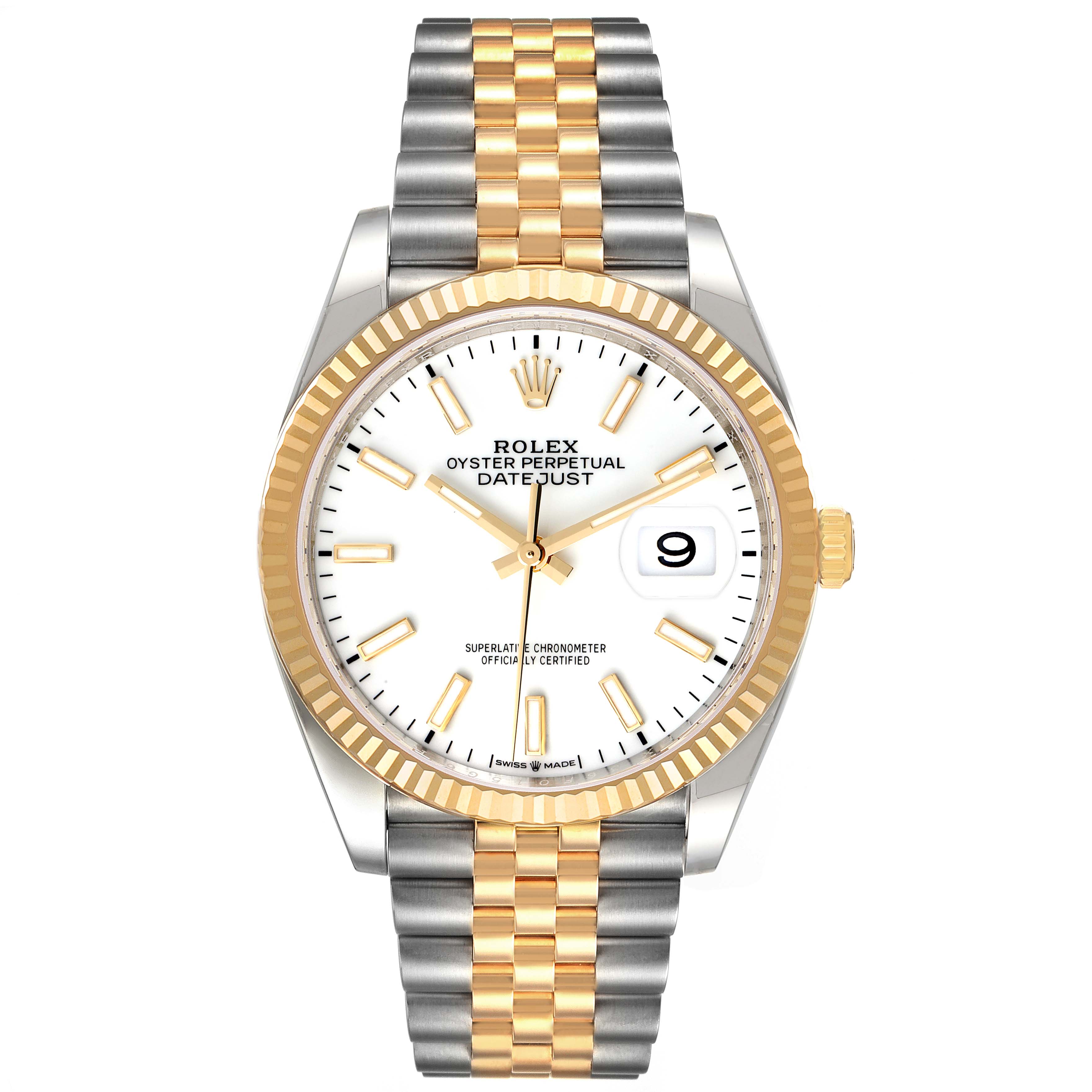 This image shows a front view of a Rolex Datejust 126233 Men's Steel and Gold (two tone) White Dial 126233 Men's Steel and Gold (two tone) White Dial watch, displaying the dial, bezel, and two-tone bracelet.