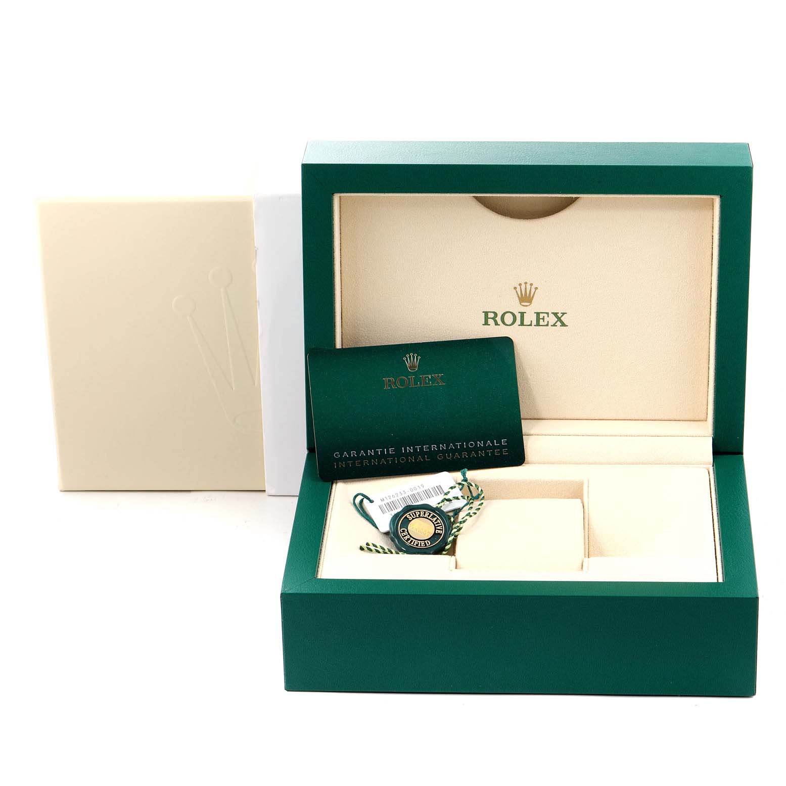 This image shows the open box for a Rolex Datejust 126233 Men's Steel and Gold (two tone) White Dial 126233 Men's Steel and Gold (two tone) White Dial watch, revealing an authenticity card and hang tag.