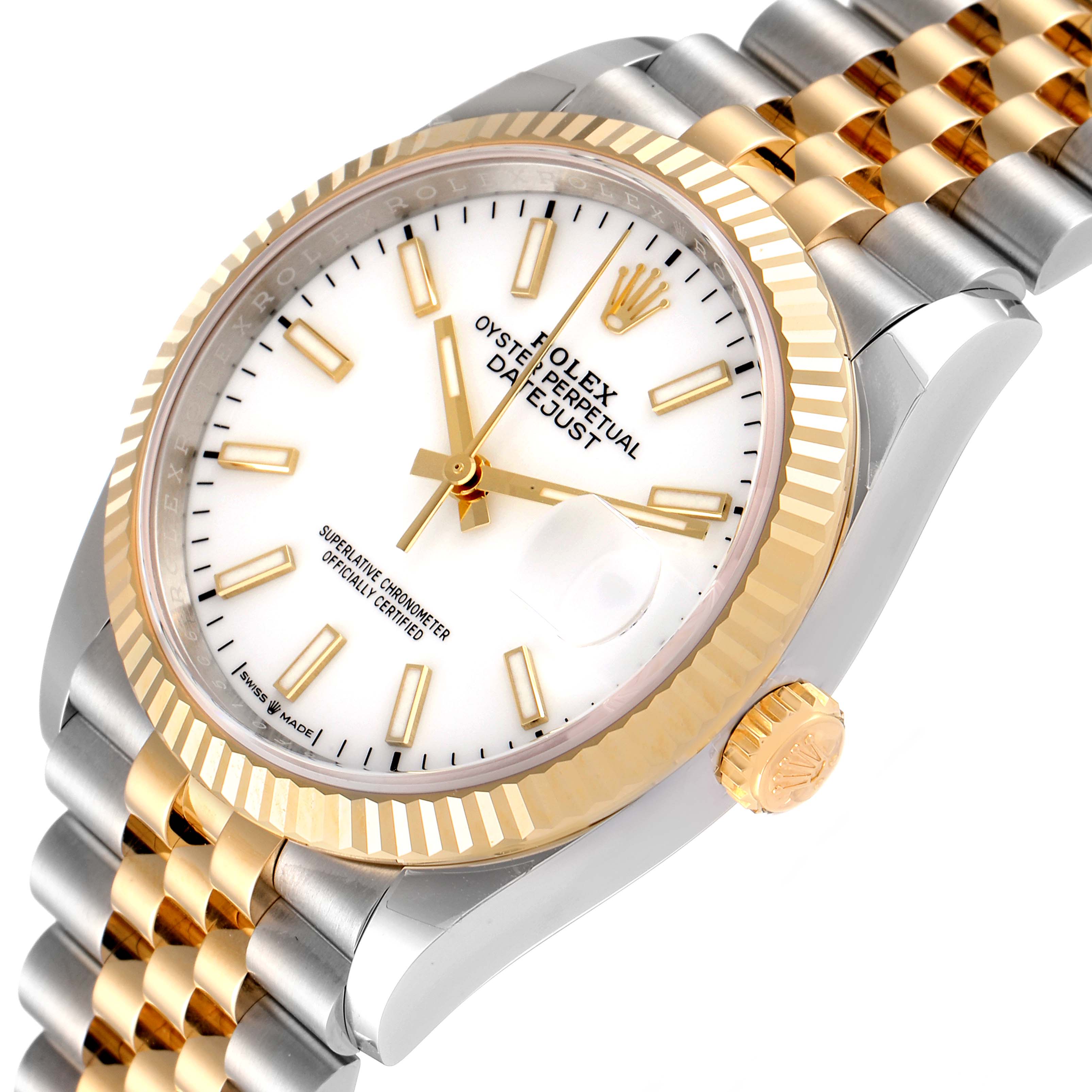 This image shows a close-up, angled view of a Rolex Datejust 126233 Men's Steel and Gold (two tone) White Dial 126233 Men's Steel and Gold (two tone) White Dial watch, highlighting the dial, bezel, crown, and part of the bracelet.