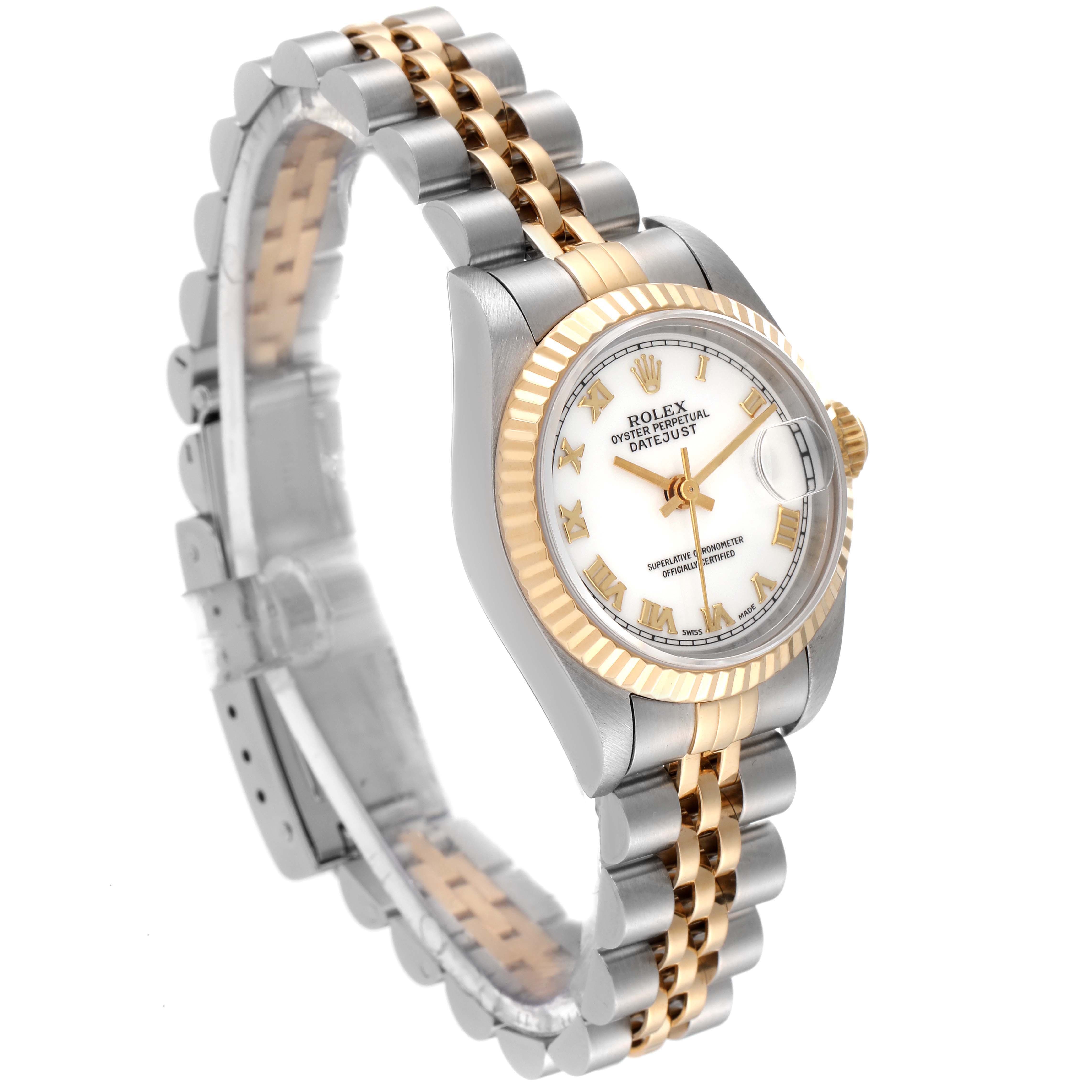 The Rolex Datejust 69173 Women's Steel and Gold (two tone) White Dial 69173 Women's Steel and Gold (two tone) White Dial model is pictured at an angled side view, showing the face, bezel, crown, and two-tone bracelet.