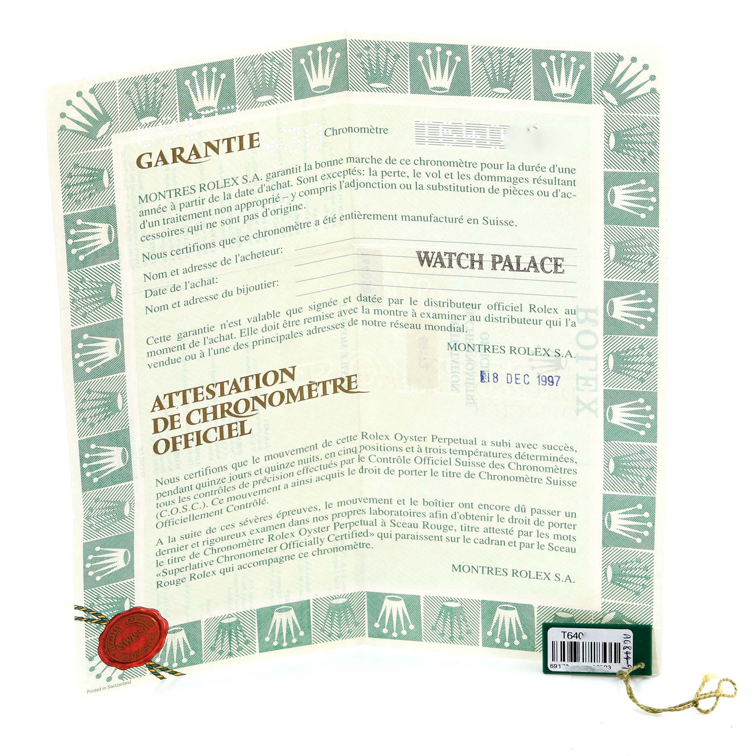 This image shows a warranty certificate for a Rolex Datejust 69173 Women's Steel and Gold (two tone) White Dial 69173 Women's Steel and Gold (two tone) White Dial, including guarantee details and an attestation of chronometer certification.