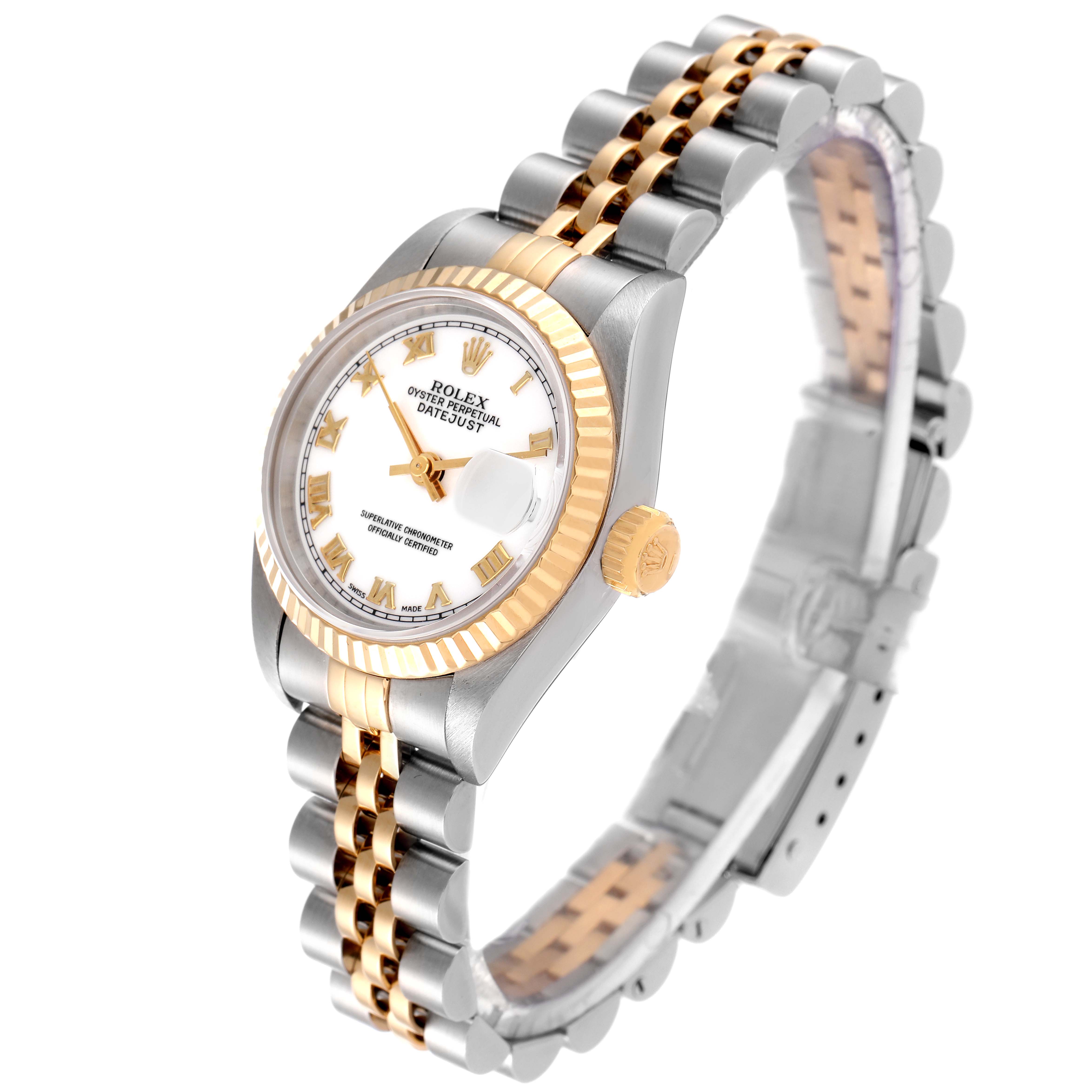The Rolex Datejust 69173 Women's Steel and Gold (two tone) White Dial 69173 Women's Steel and Gold (two tone) White Dial watch is shown at a slight angle, highlighting the face, two-tone bracelet, and fluted bezel.
