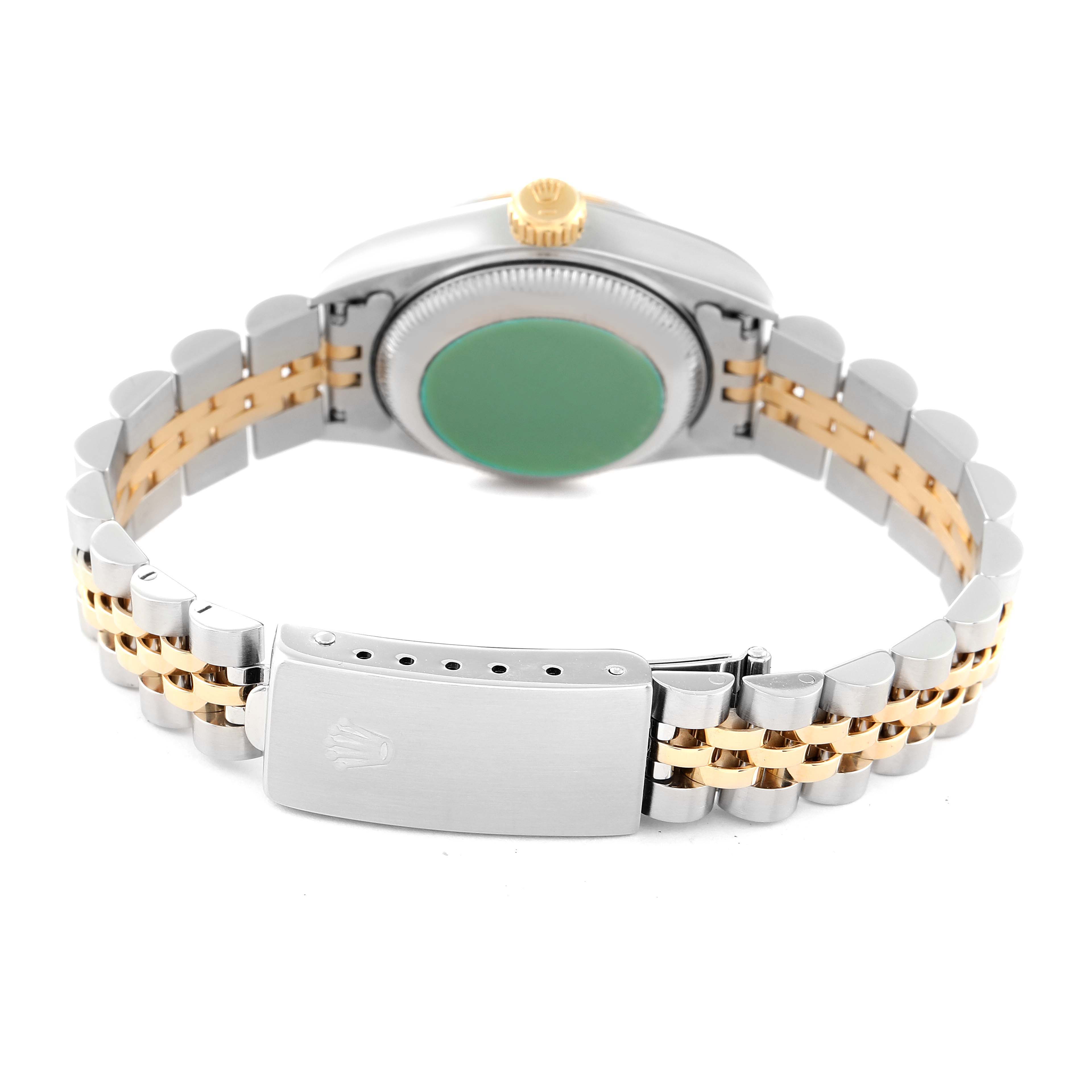This image shows the back view of a Rolex Datejust 69173 Women's Steel and Gold (two tone) White Dial 69173 Women's Steel and Gold (two tone) White Dial watch, highlighting the bracelet and caseback.