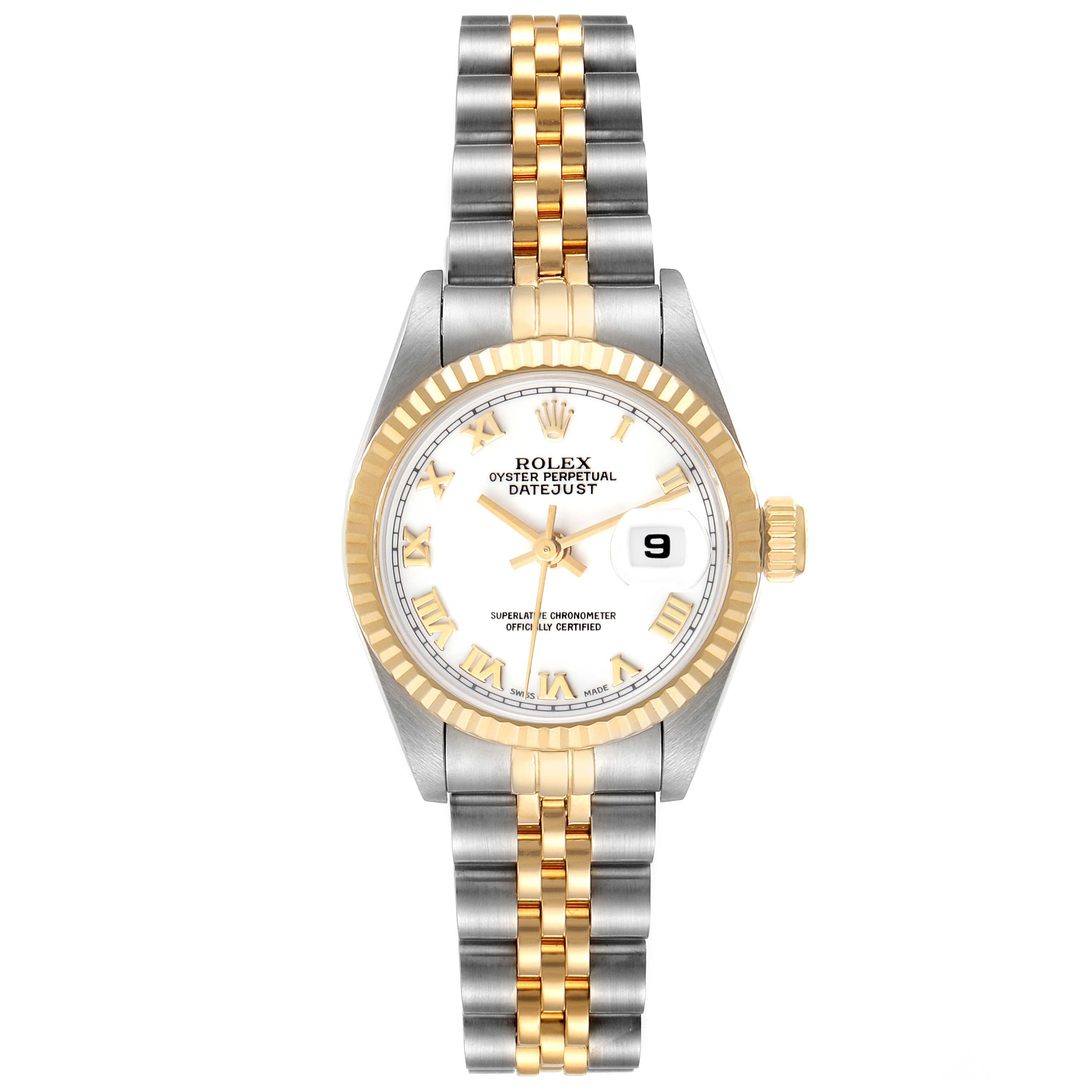 The Rolex Datejust 69173 Women's Steel and Gold (two tone) White Dial 69173 Women's Steel and Gold (two tone) White Dial watch is shown from a top-down angle, displaying the face, bezel, crown, and bracelet.