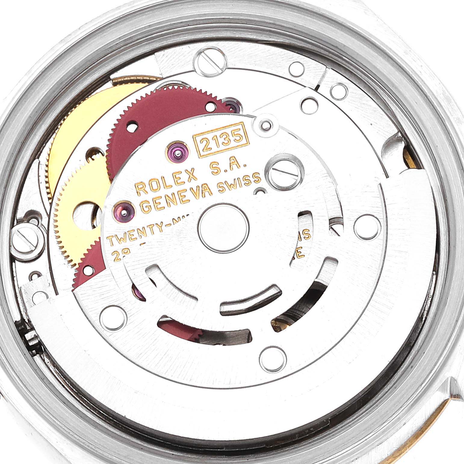 This image shows the close-up inner mechanical movement of a Rolex Datejust 69173 Women's Steel and Gold (two tone) White Dial 69173 Women's Steel and Gold (two tone) White Dial watch taken from a top-down angle.
