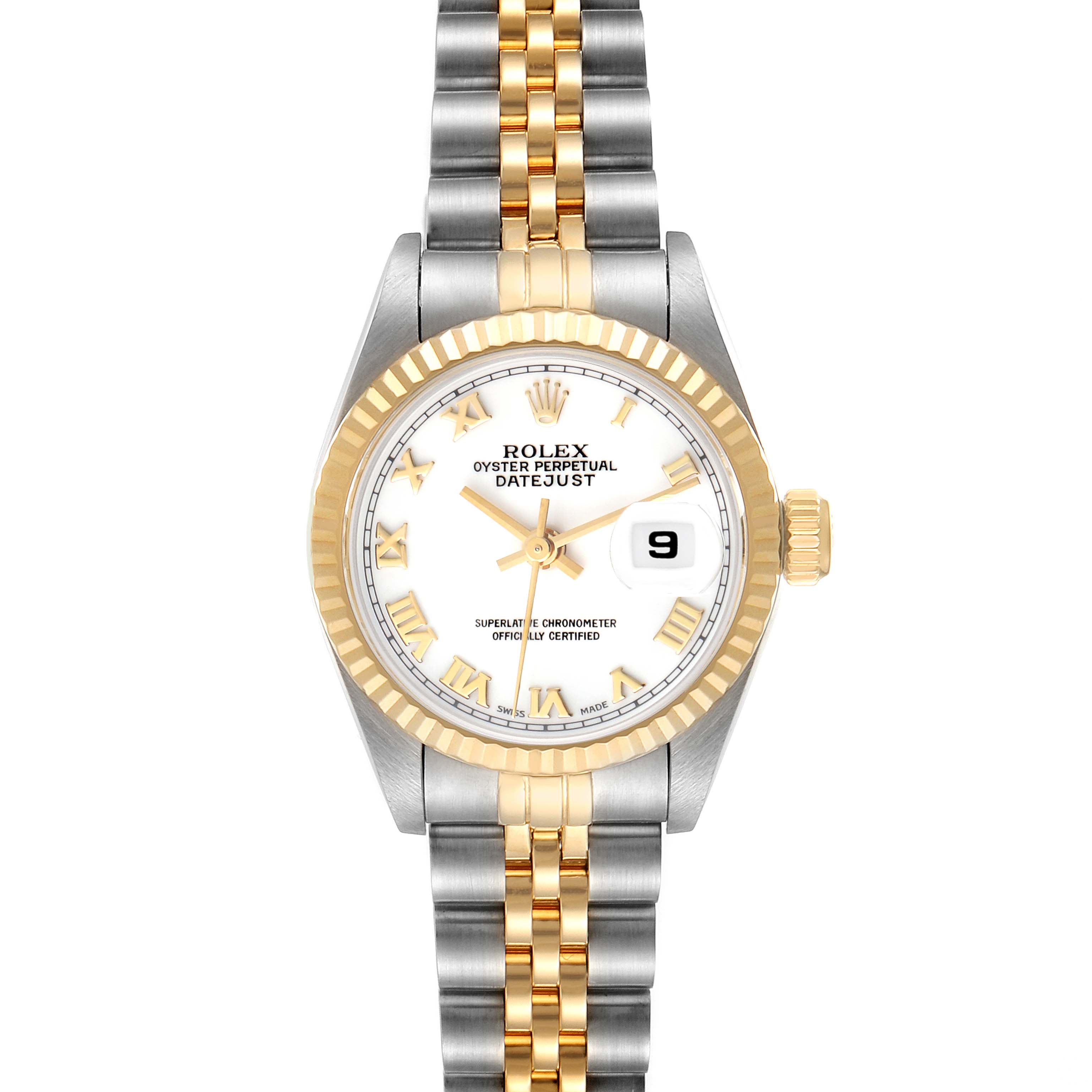 This image shows a frontal view of the Rolex Datejust 69173 Women's Steel and Gold (two tone) White Dial 69173 Women's Steel and Gold (two tone) White Dial watch, highlighting its two-tone bracelet, white dial, and fluted bezel.