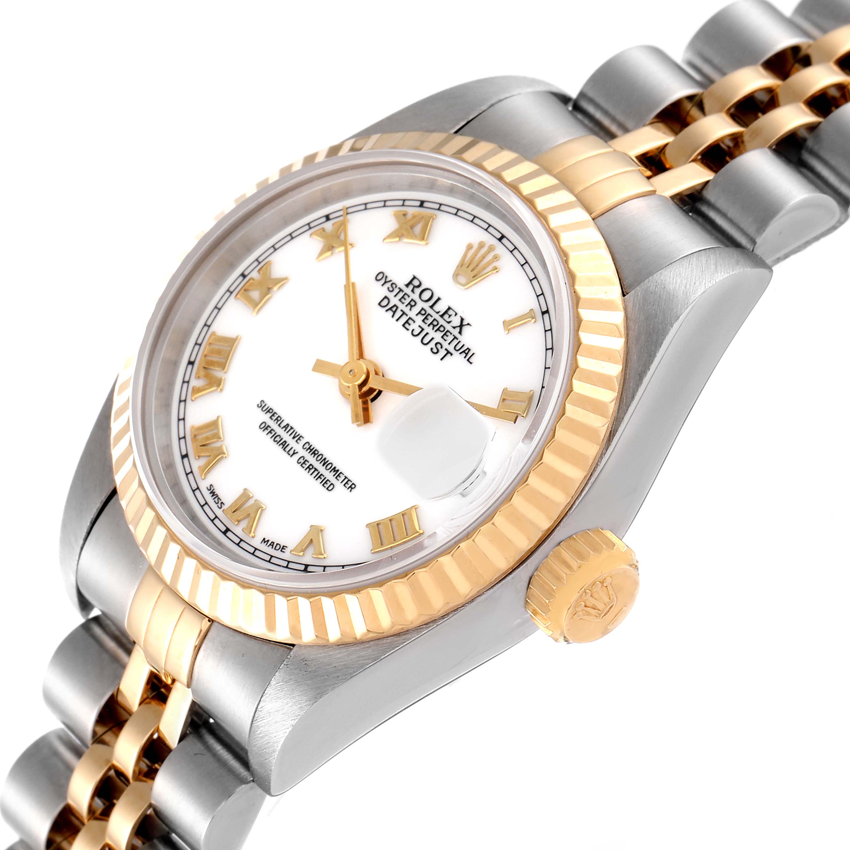 The image shows a Rolex Datejust 69173 Women's Steel and Gold (two tone) White Dial 69173 Women's Steel and Gold (two tone) White Dial watch at a tilted angle, highlighting the dial, bezel, crown, and partially the bracelet.