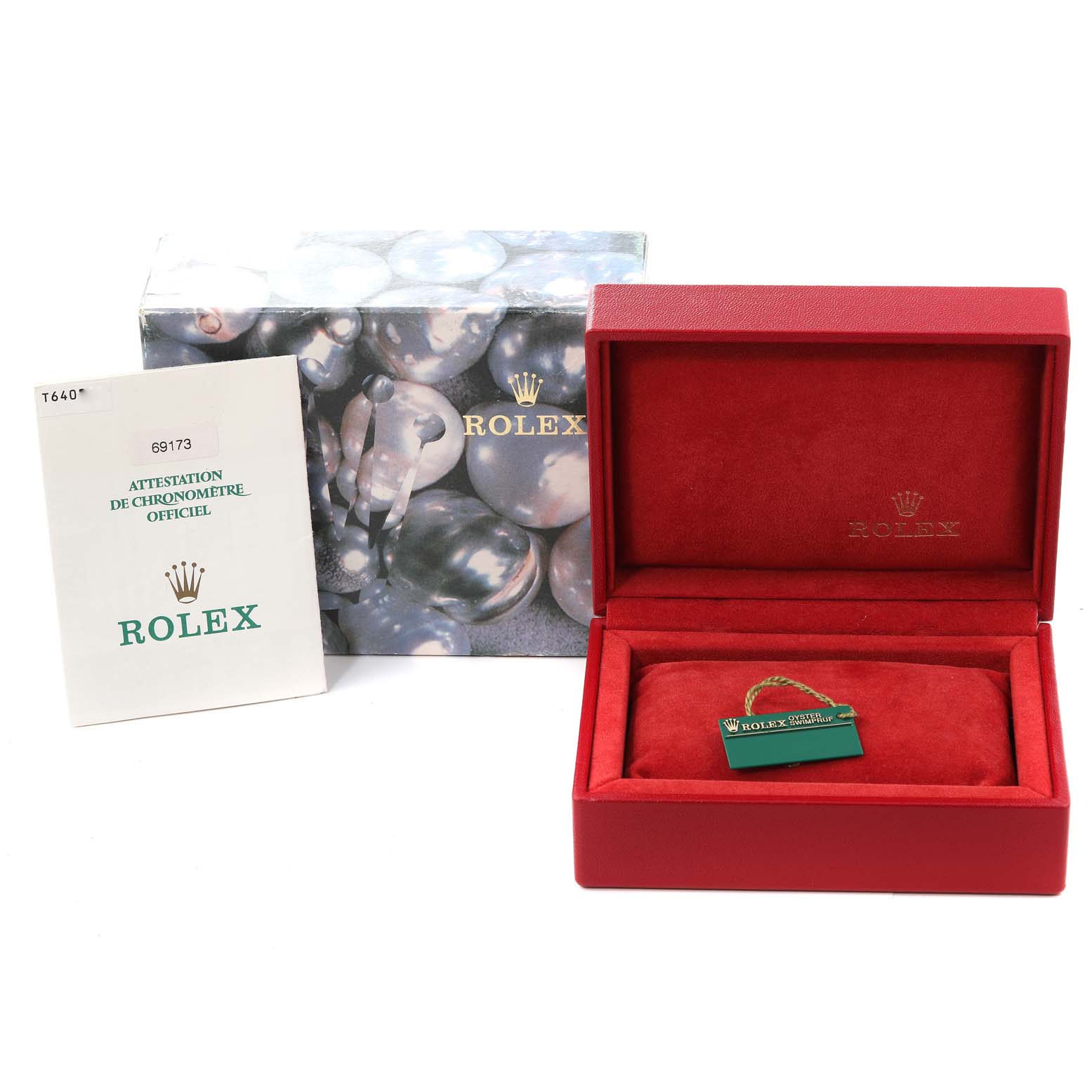The image shows a Rolex Datejust 69173 Women's Steel and Gold (two tone) White Dial 69173 Women's Steel and Gold (two tone) White Dial watch box, certificate card, and outer packaging, all from the front angle.