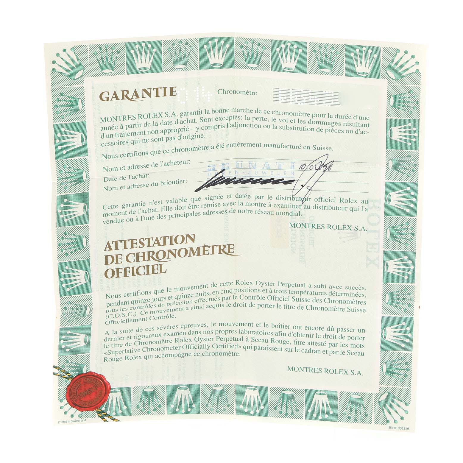 This image shows the official certificate of warranty and chronometer certification for the Rolex Datejust 69173 Women's Steel and Gold (two tone) White Dial 69173 Women's Steel and Gold (two tone) White Dial model.