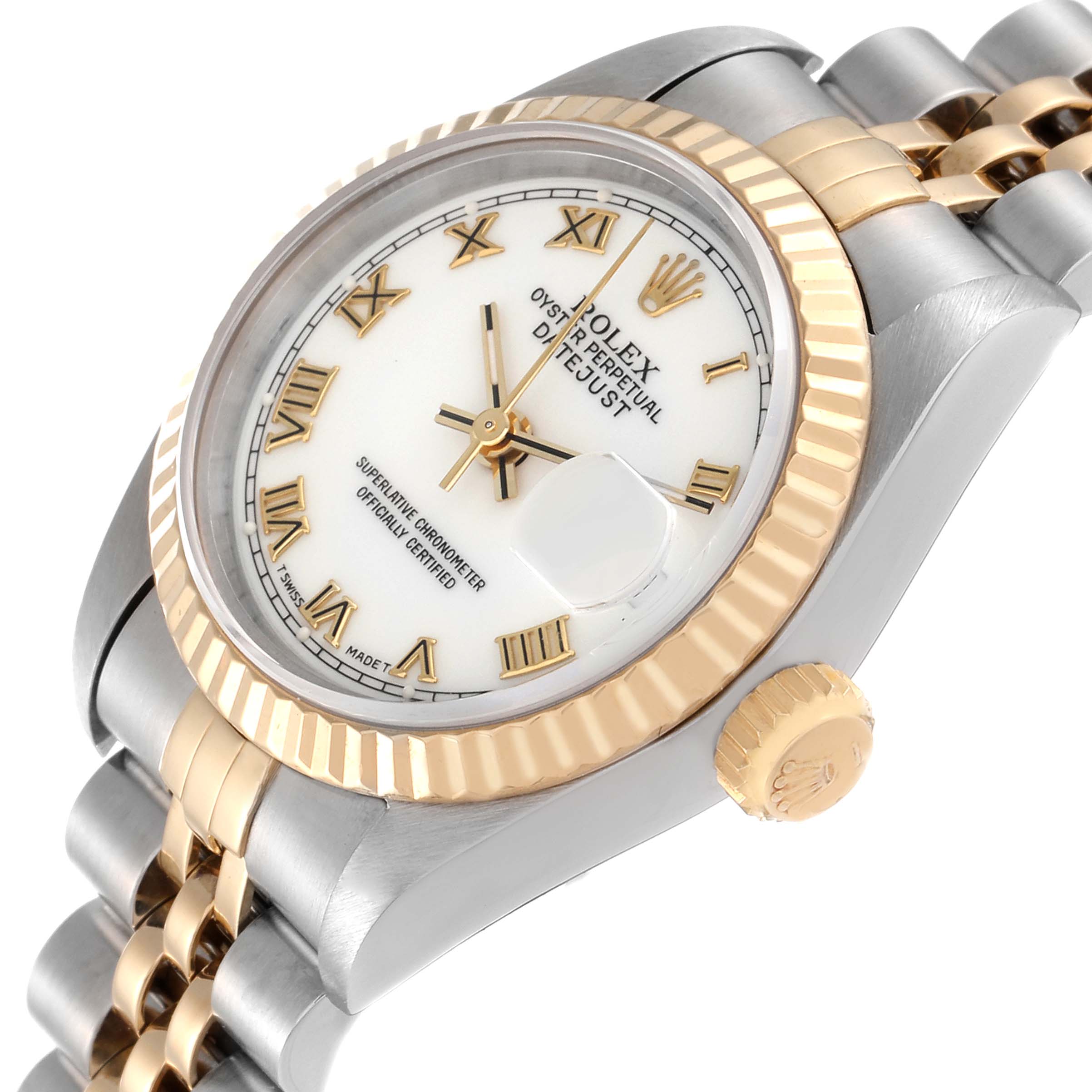 The Rolex Datejust 69173 Women's Steel and Gold (two tone) White Dial 69173 Women's Steel and Gold (two tone) White Dial watch is shown at an angled close-up, highlighting the dial, bezel, crown, and part of the bracelet.