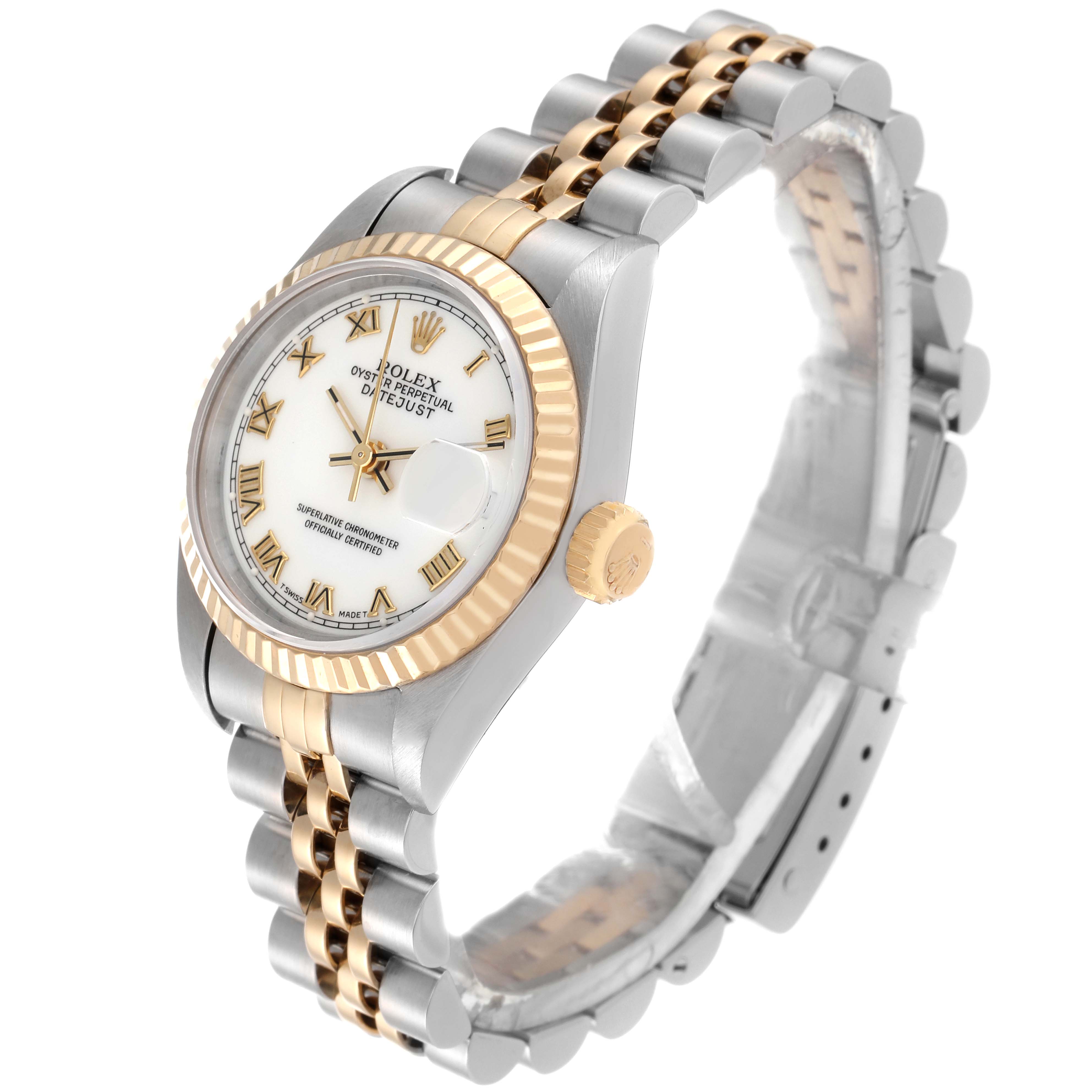 This Rolex Datejust 69173 Women's Steel and Gold (two tone) White Dial 69173 Women's Steel and Gold (two tone) White Dial watch is shown at an oblique angle, highlighting the bracelet, dial, fluted bezel, and crown.