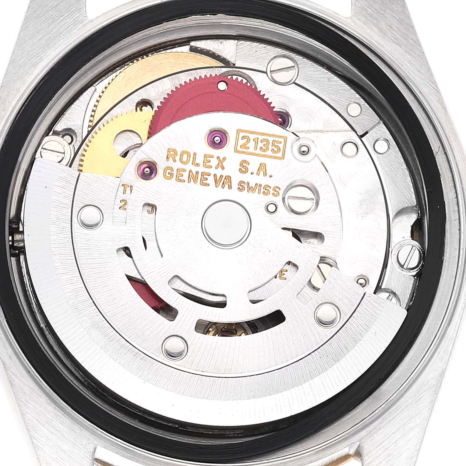 The image shows the internal movement mechanism of a Rolex Datejust 69173 Women's Steel and Gold (two tone) White Dial 69173 Women's Steel and Gold (two tone) White Dial watch viewed from the case back.