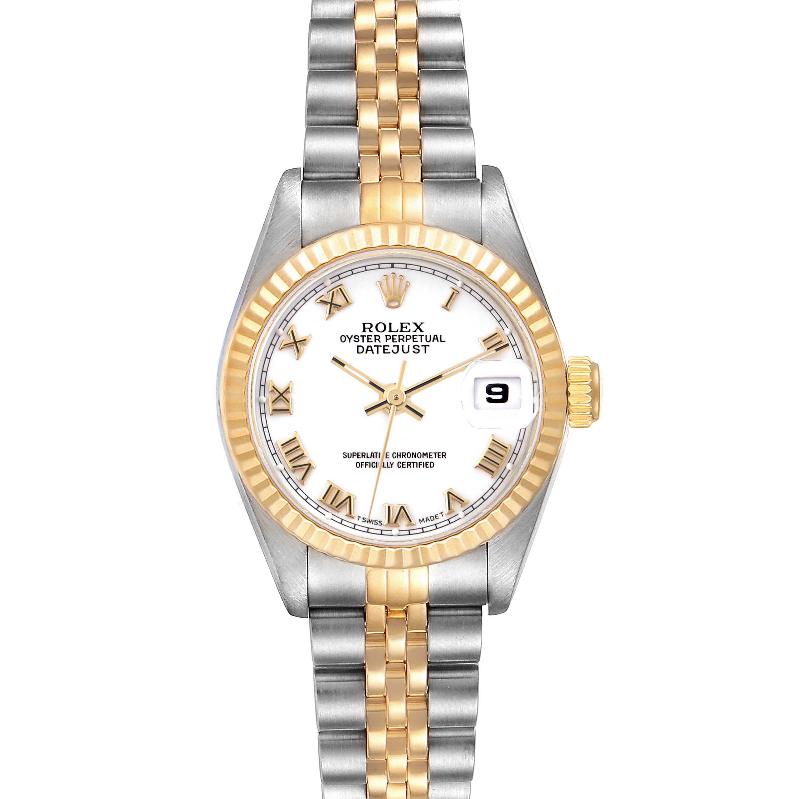 This image shows a front view of the Rolex Datejust 69173 Women's Steel and Gold (two tone) White Dial 69173 Women's Steel and Gold (two tone) White Dial watch, displaying the dial, bezel, crown, and bracelet.