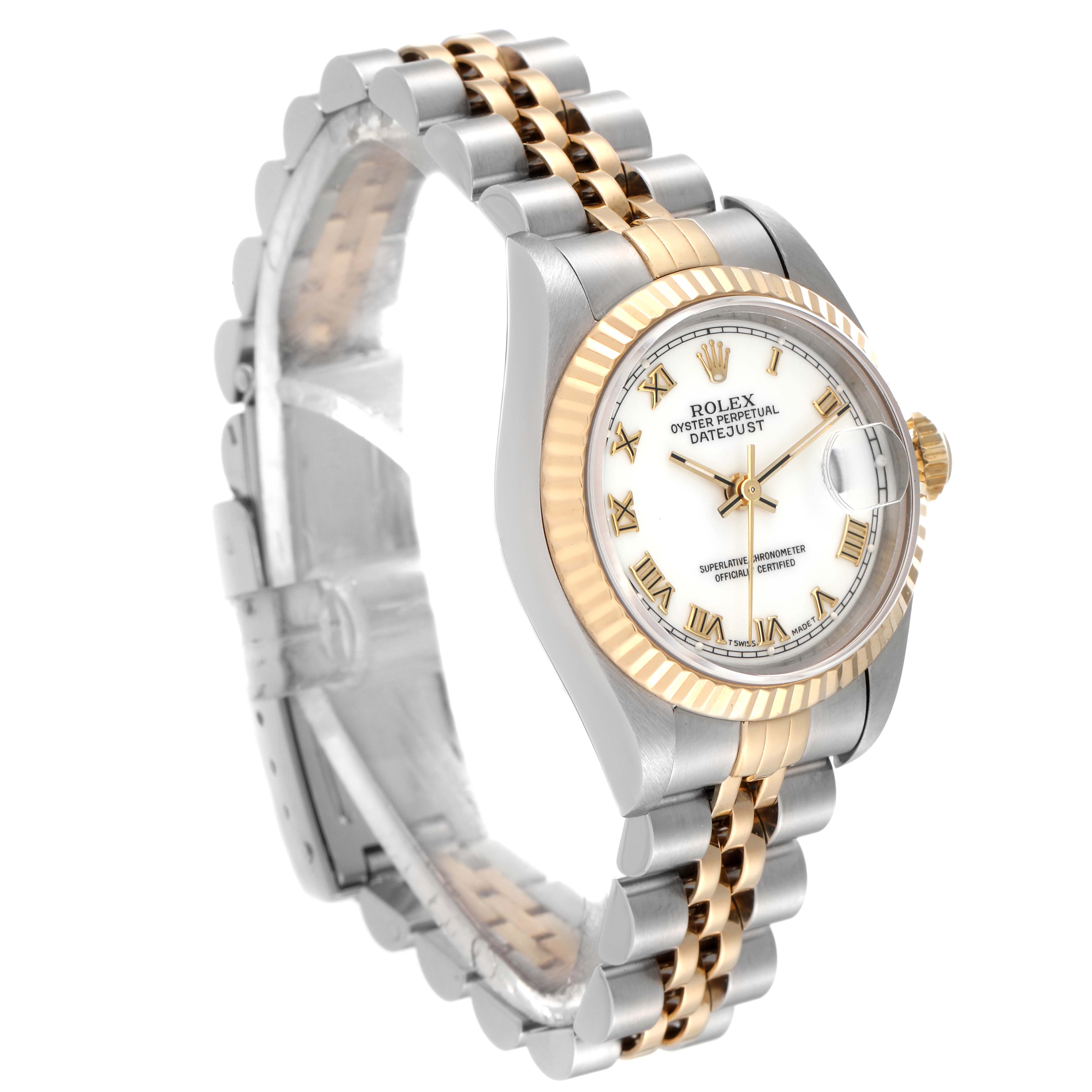 The image shows a Rolex Datejust 69173 Women's Steel and Gold (two tone) White Dial 69173 Women's Steel and Gold (two tone) White Dial watch from a three-quarter angle, highlighting the dial, bezel, and bracelet.