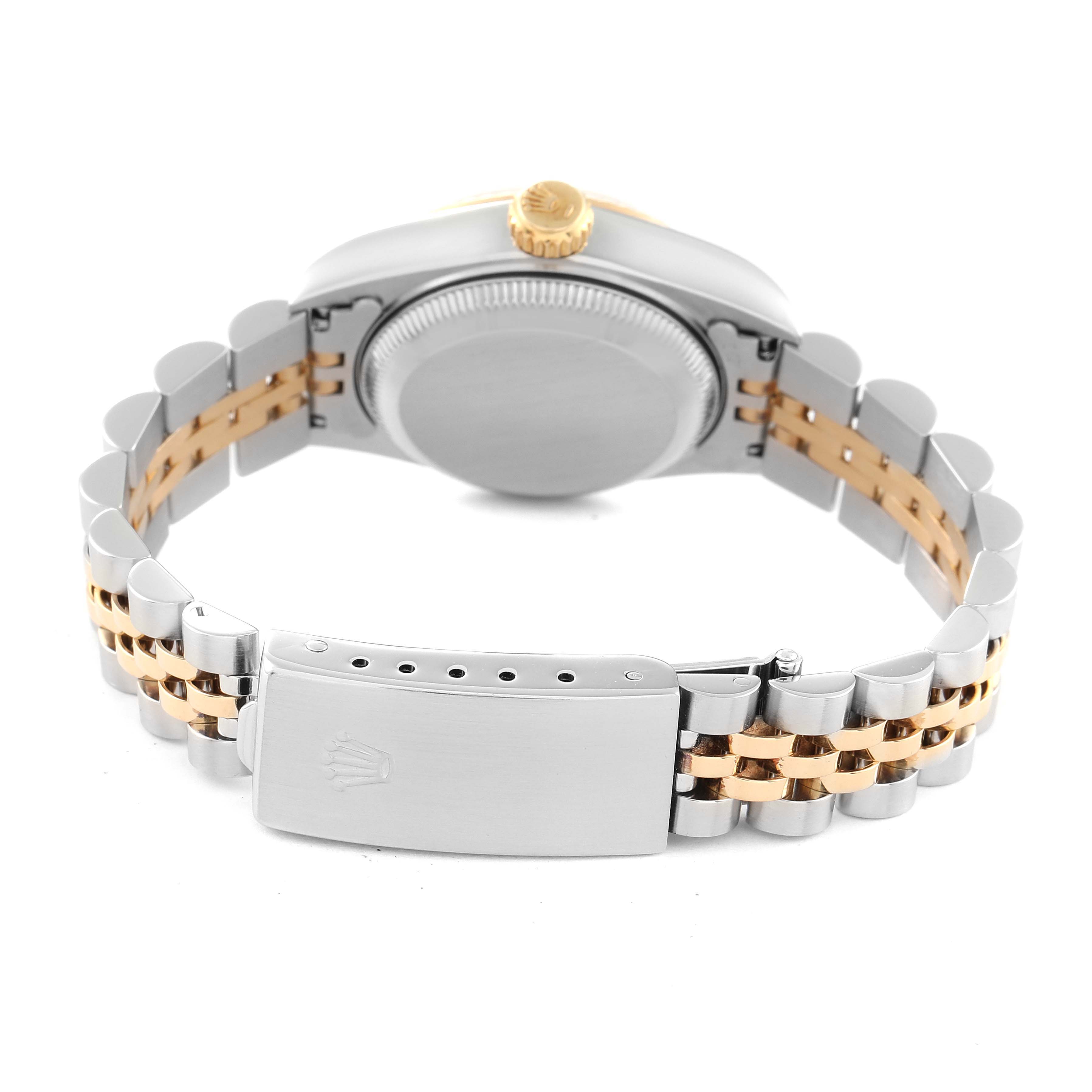 This image shows the back view of the Rolex Datejust 69173 Women's Steel and Gold (two tone) White Dial 69173 Women's Steel and Gold (two tone) White Dial watch, highlighting its two-tone bracelet and clasp.