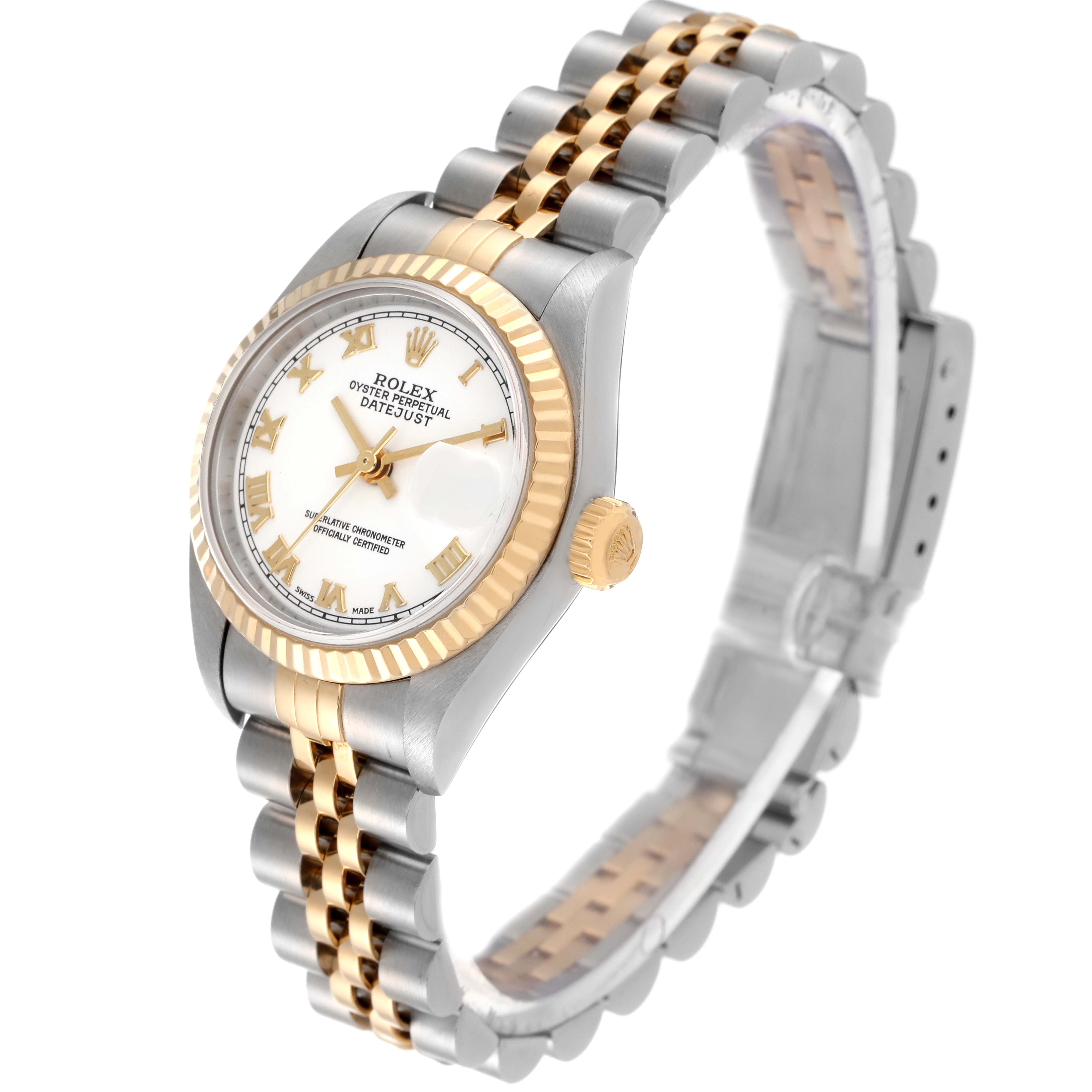 This Rolex Datejust 79173 Women's Steel and Gold (two tone) White Dial 79173 Women's Steel and Gold (two tone) White Dial watch is shown from a three-quarter angle displaying the face, bezel, crown, and two-tone bracelet.