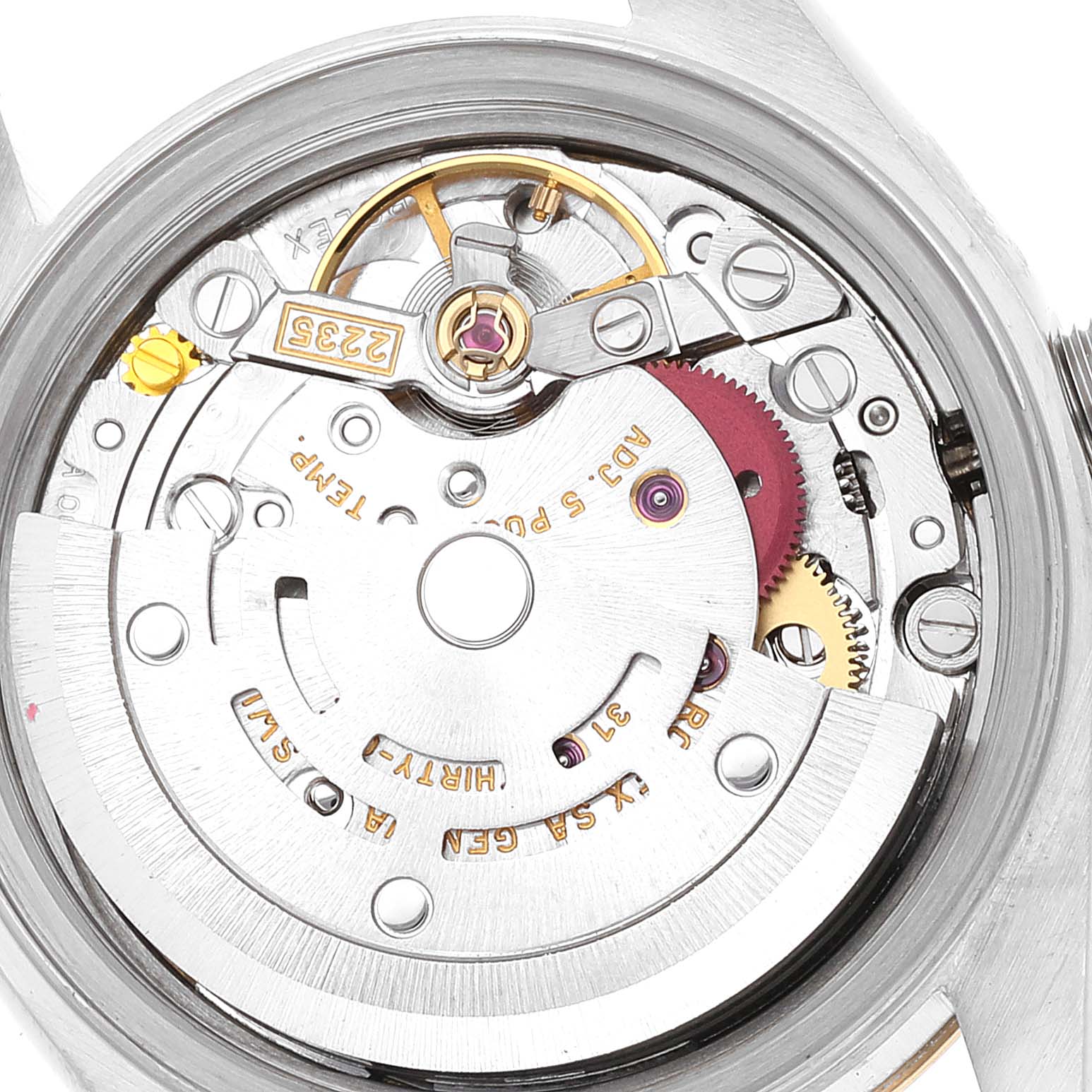 This image shows the internal mechanism of a Rolex Datejust 79173 Women's Steel and Gold (two tone) White Dial 79173 Women's Steel and Gold (two tone) White Dial watch viewed from the back, displaying its intricate components.