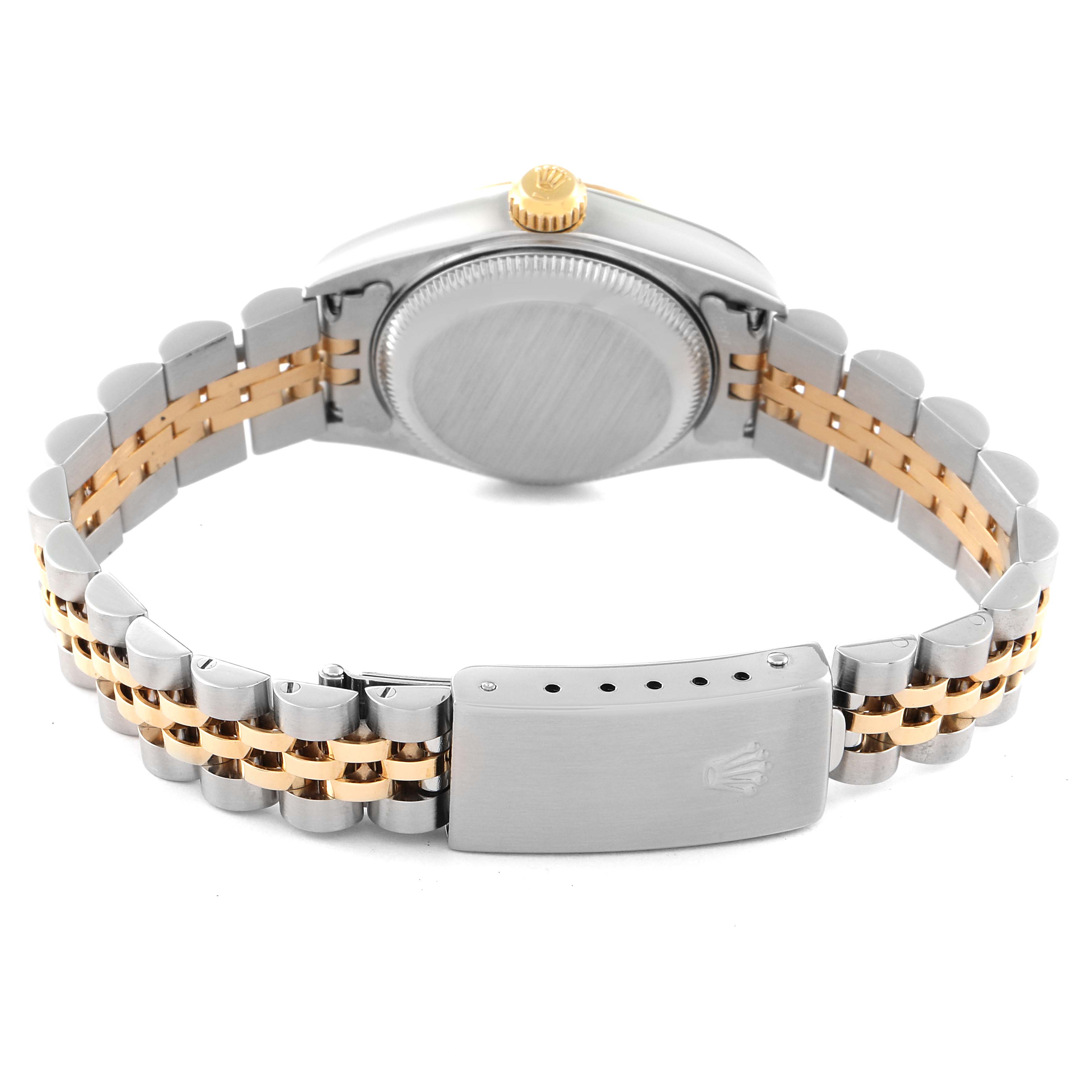The image shows the back of a Rolex Datejust 79173 Women's Steel and Gold (two tone) White Dial 79173 Women's Steel and Gold (two tone) White Dial watch, focusing on the case back, bracelet, and clasp.