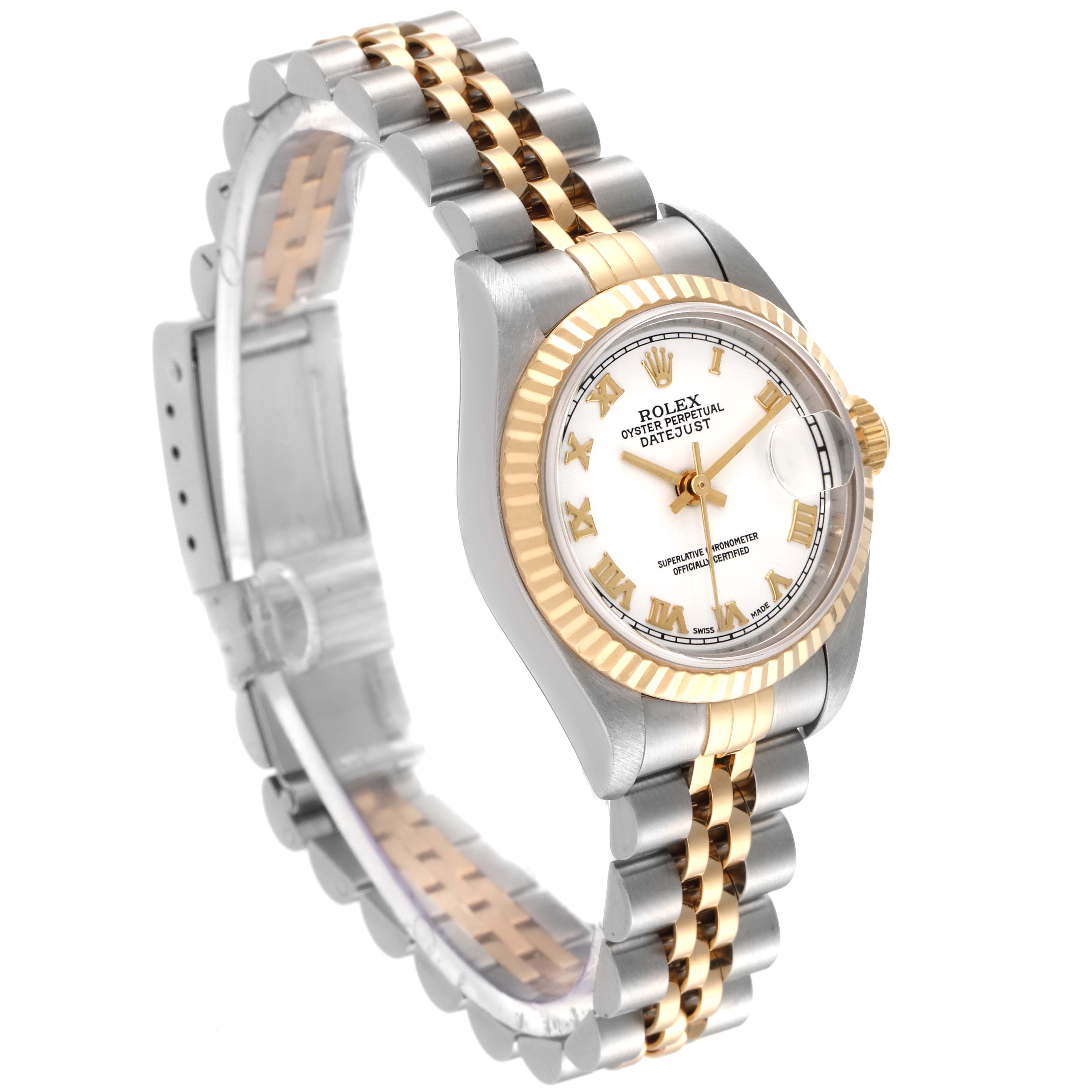 The image shows a side angle of the Rolex Datejust 79173 Women's Steel and Gold (two tone) White Dial 79173 Women's Steel and Gold (two tone) White Dial watch, highlighting its dial, bezel, crown, and bracelet.
