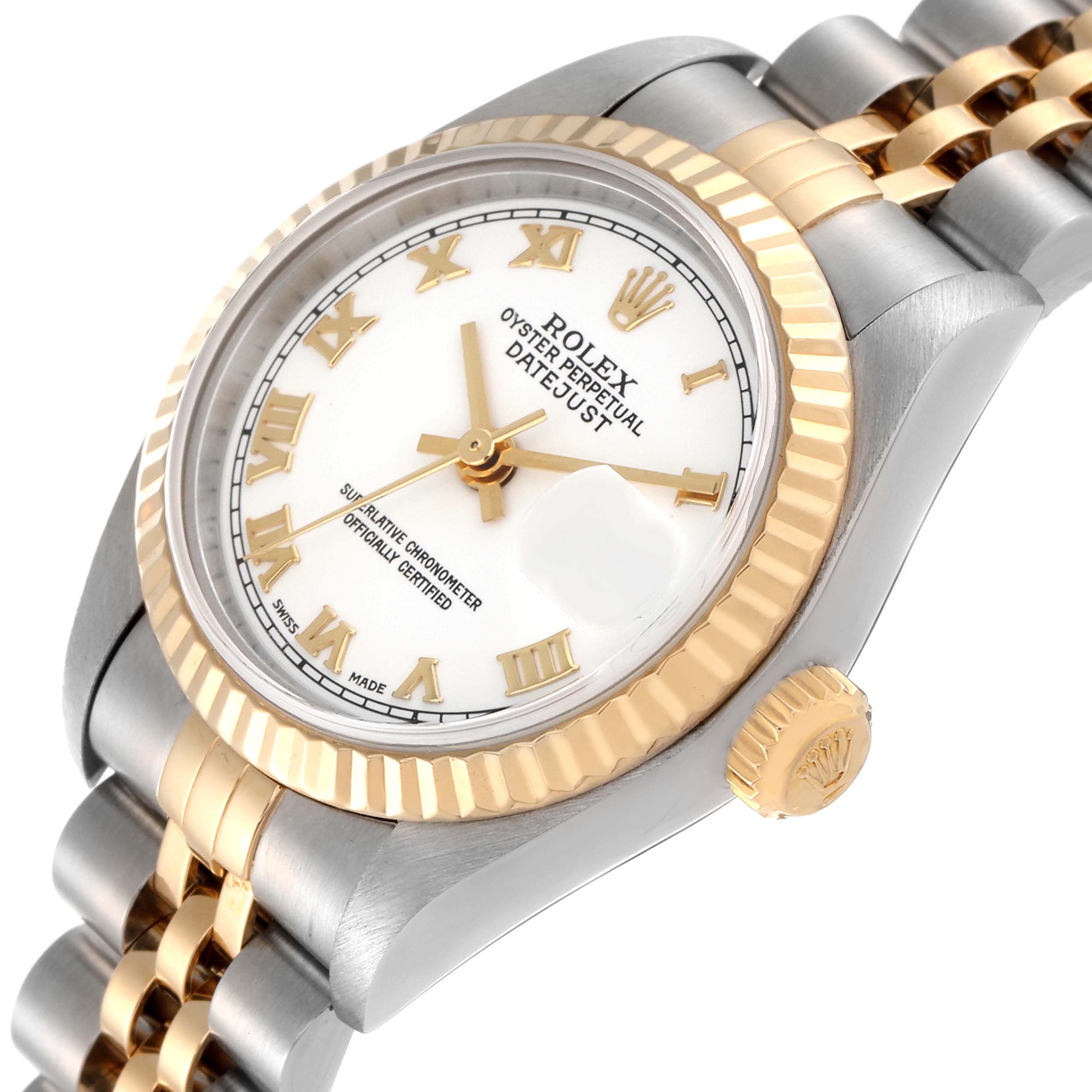 The image shows a close-up angled view of the Rolex Datejust 79173 Women's Steel and Gold (two tone) White Dial 79173 Women's Steel and Gold (two tone) White Dial, focusing on the dial, bezel, crown, and part of the bracelet.
