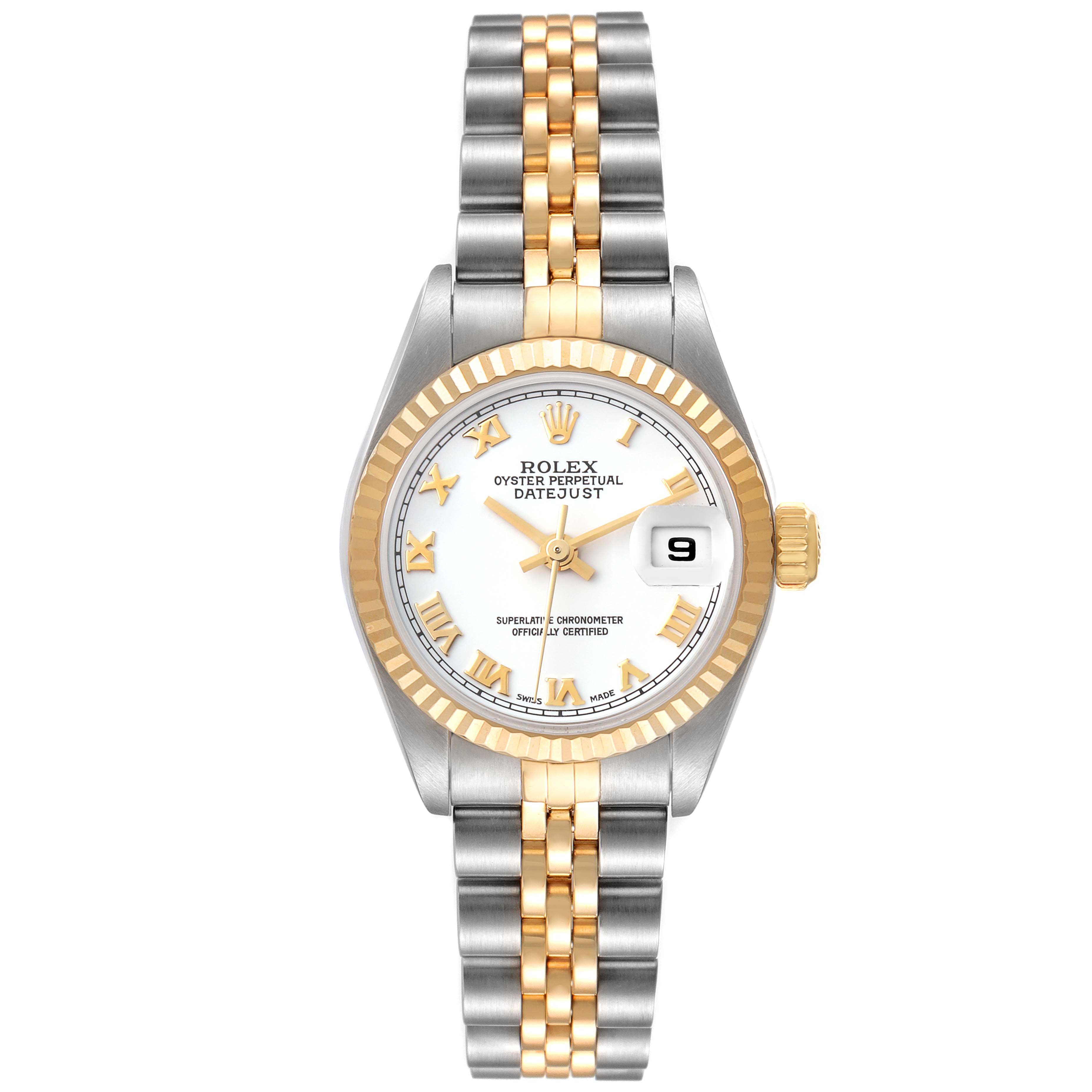 This image shows a front view of a Rolex Datejust 79173 Women's Steel and Gold (two tone) White Dial 79173 Women's Steel and Gold (two tone) White Dial watch, highlighting its two-tone bracelet, fluted bezel, and date display.