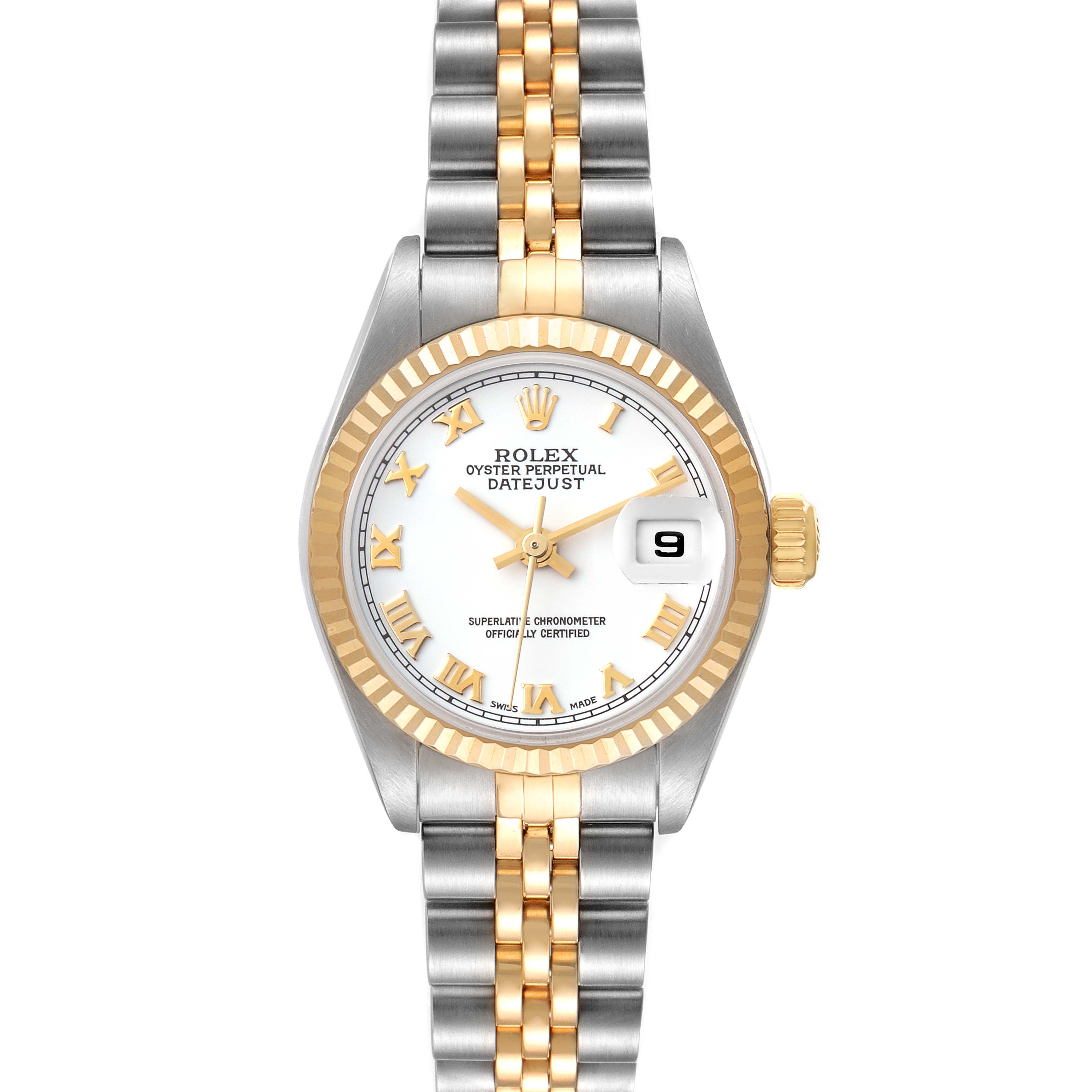 The Rolex Datejust 79173 Women's Steel and Gold (two tone) White Dial 79173 Women's Steel and Gold (two tone) White Dial watch is shown from a front angle, highlighting the dial, bezel, and bracelet.