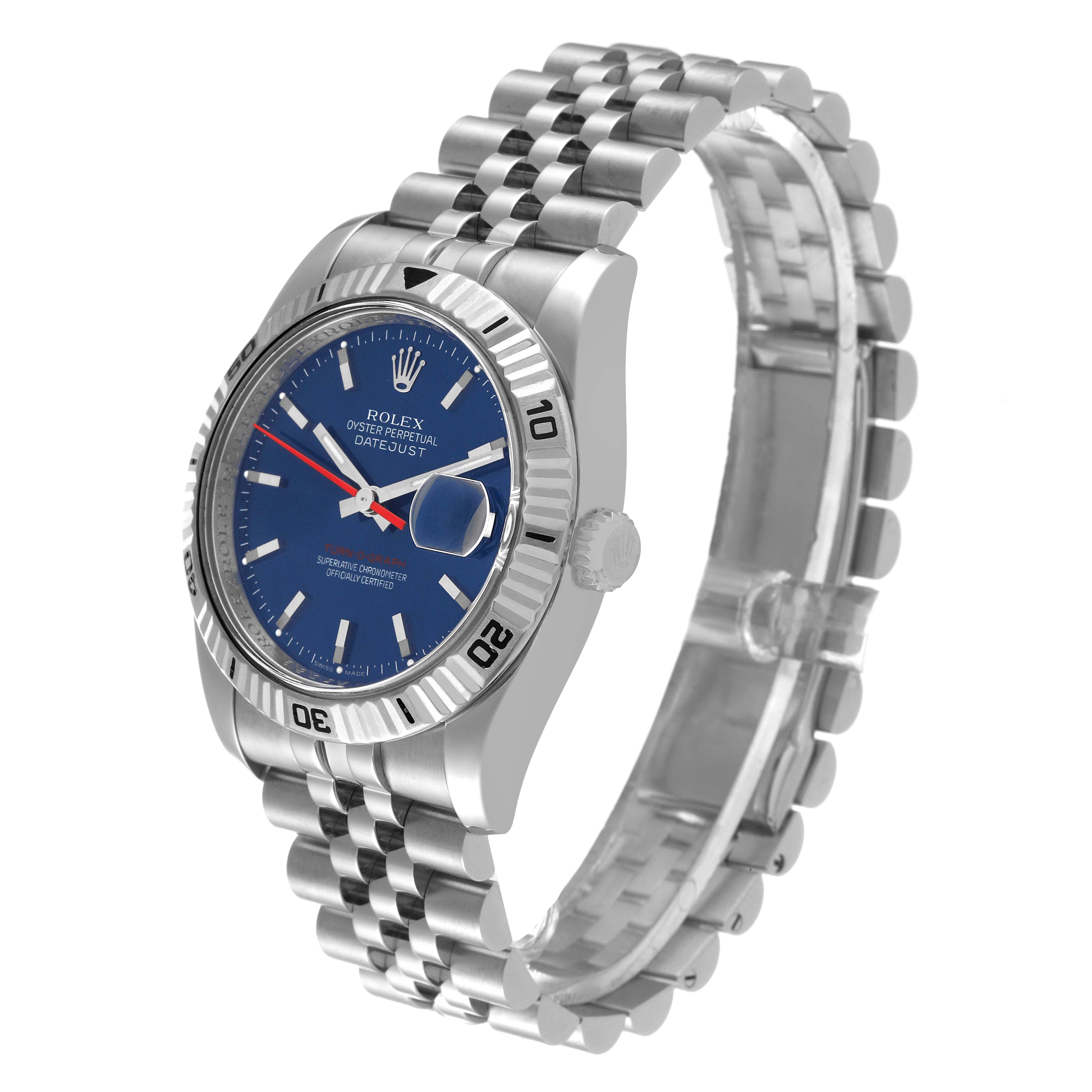 The image shows a Rolex Turn-o-Graph 116264 Men
s Stainless Steel Blue Dial 116264 Men
s Stainless Steel Blue Dial watch from a left front angle, highlighting its blue dial, bezel, and bracelet.