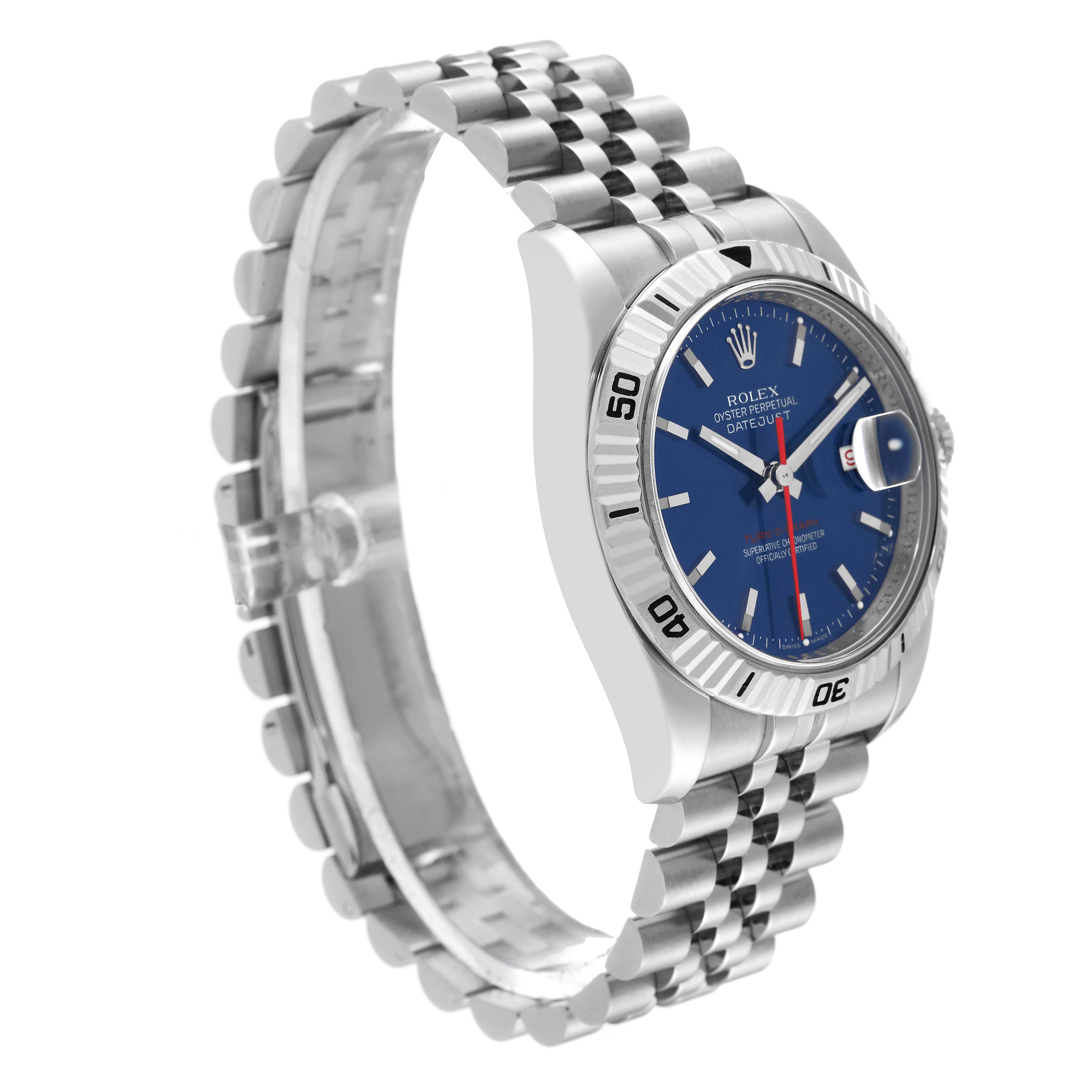 The image shows a Rolex Turn-o-Graph 116264 Men
s Stainless Steel Blue Dial 116264 Men
s Stainless Steel Blue Dial watch at a three-quarter angle, highlighting the bracelet, bezel, and blue dial.