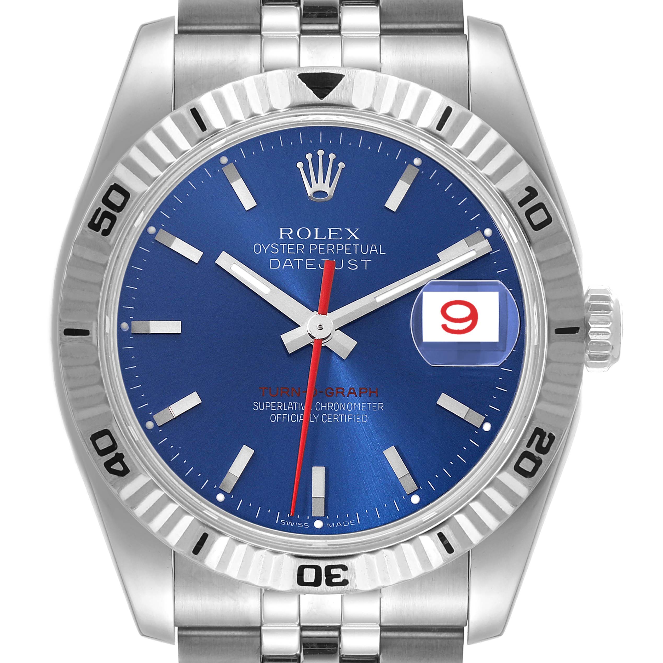 The image shows a front view of a Rolex Turn-o-Graph 116264 Men
s Stainless Steel Blue Dial 116264 Men
s Stainless Steel Blue Dial watch, highlighting its blue dial, Cyclops date, and stainless steel bracelet.