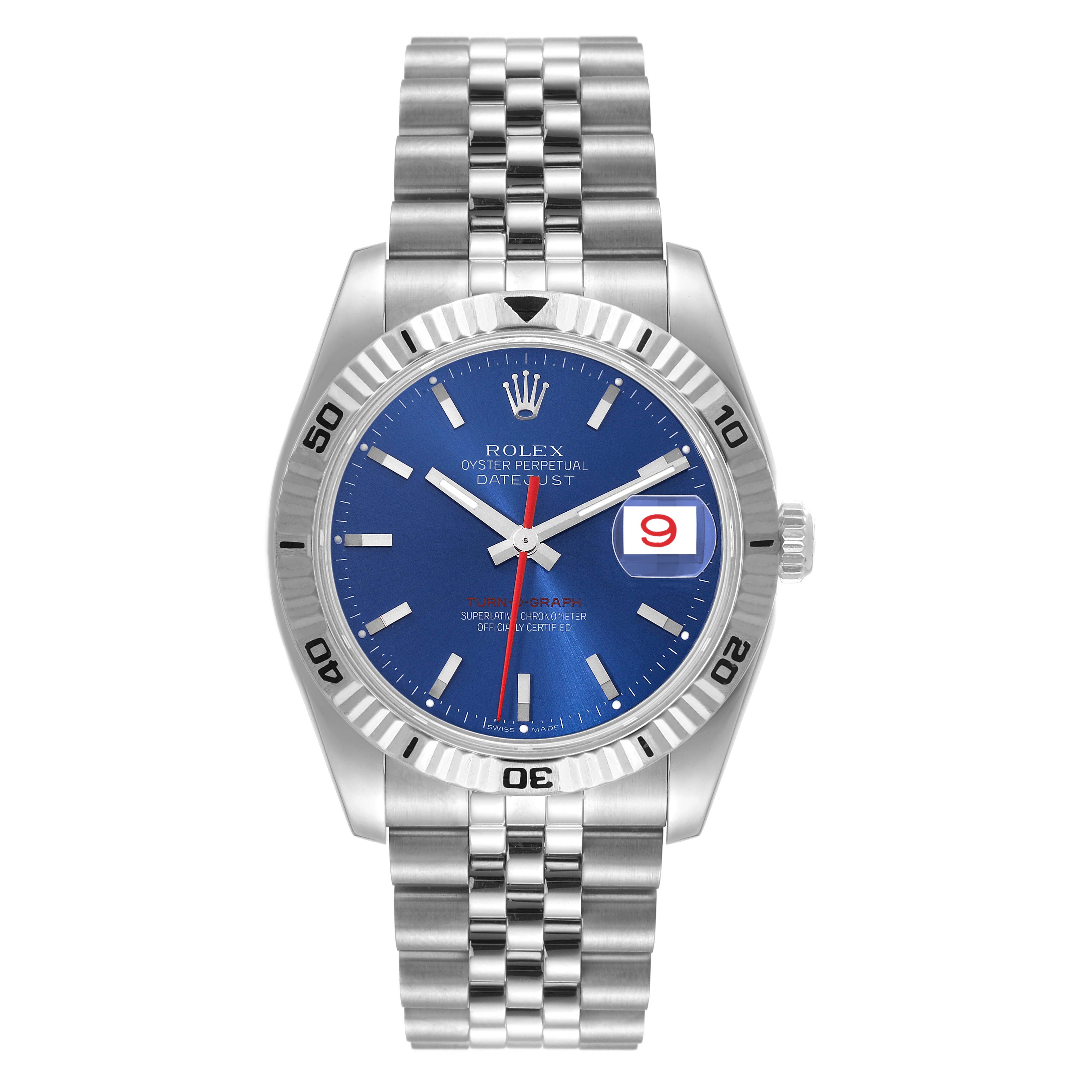 The image shows a front view of the Rolex Turn-o-Graph 116264 Men
s Stainless Steel Blue Dial 116264 Men
s Stainless Steel Blue Dial watch, displaying its blue dial, date window, and stainless steel bracelet.