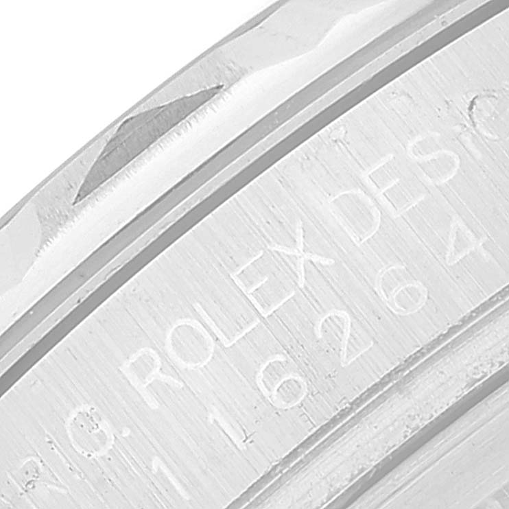 This image shows a close-up of the Rolex Turn-o-Graph 116264 Men
s Stainless Steel Blue Dial 116264 Men
s Stainless Steel Blue Dial model
s inner case with engraved brand information and serial number.