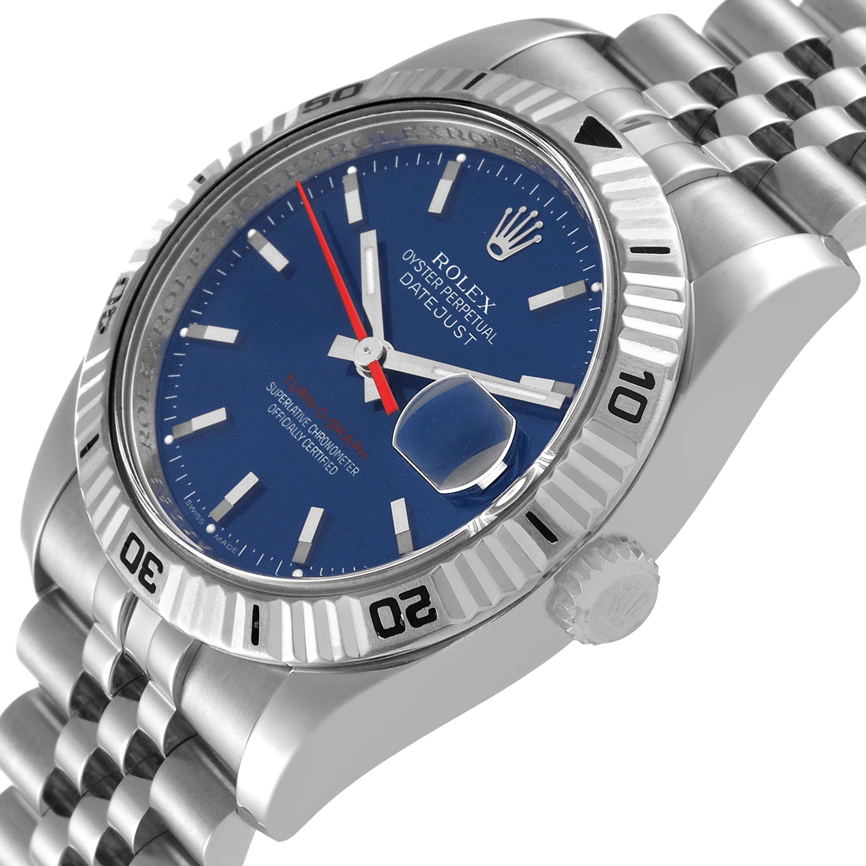 The image shows a Rolex Turn-o-Graph 116264 Men
s Stainless Steel Blue Dial 116264 Men
s Stainless Steel Blue Dial watch from a side angle, highlighting the bezel, dial, crown, and bracelet.