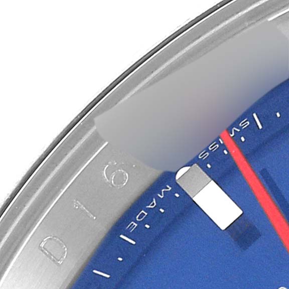 This close-up image shows a partial view of the Rolex Turn-o-Graph 116264 Men
s Stainless Steel Blue Dial 116264 Men
s Stainless Steel Blue Dial watch dial and a section of the bezel.