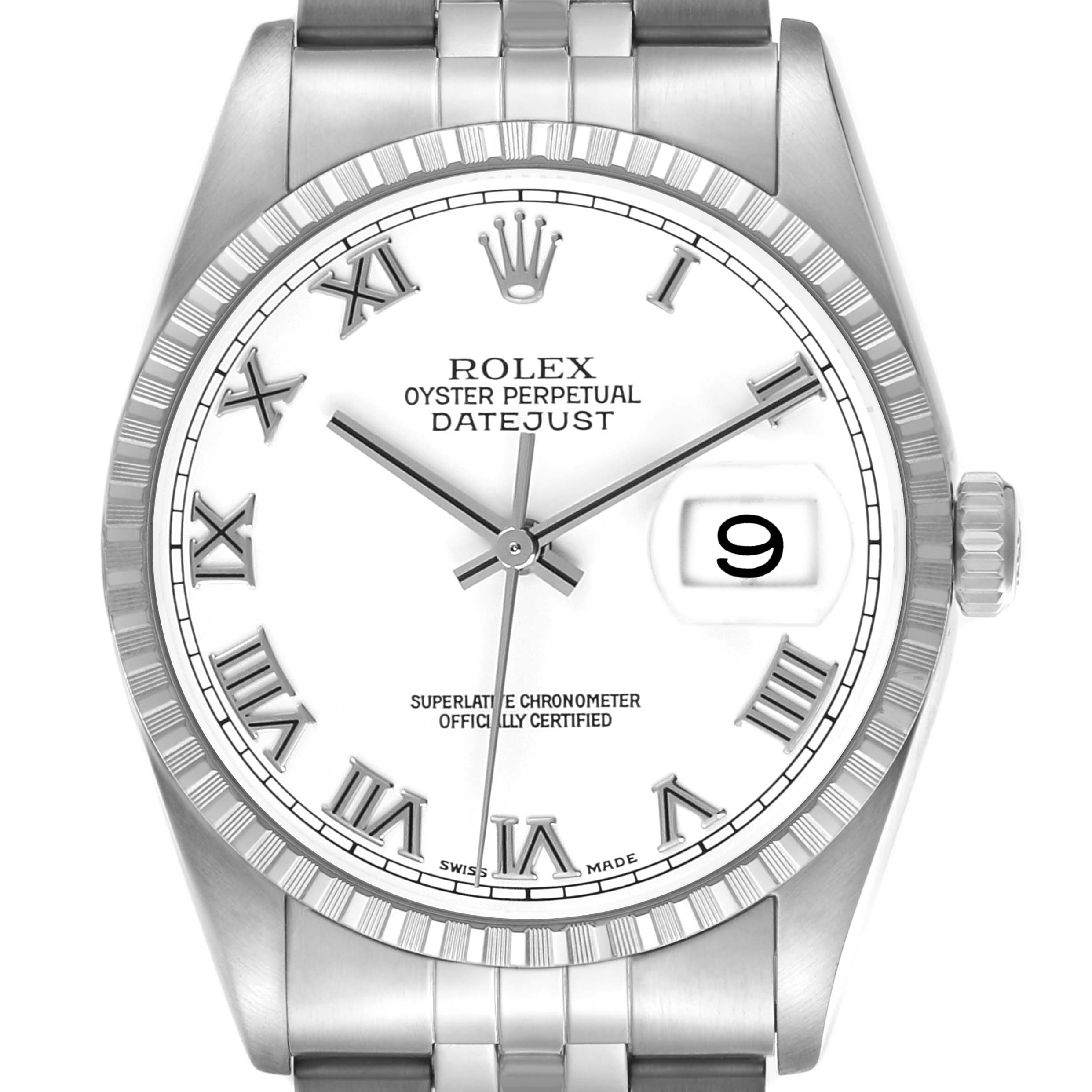 The Rolex Datejust 16220 Men's Stainless Steel White Dial watch is shown from the front, displaying the dial, bezel, crown, and part of the bracelet.