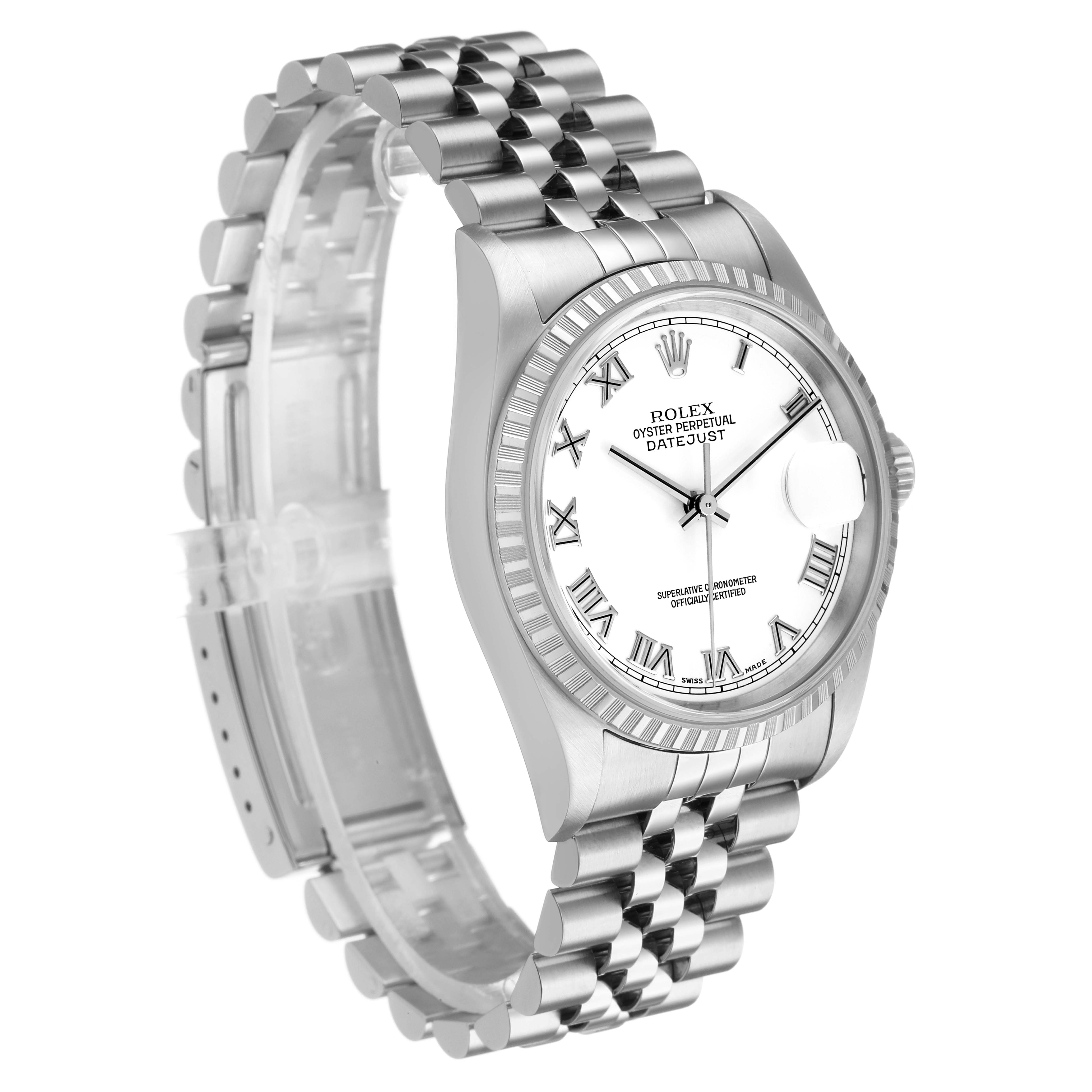 The Rolex Datejust 16220 Men's Stainless Steel White Dial watch is shown at a three-quarter angle, displaying the face, bezel, crown, and Jubilee bracelet.