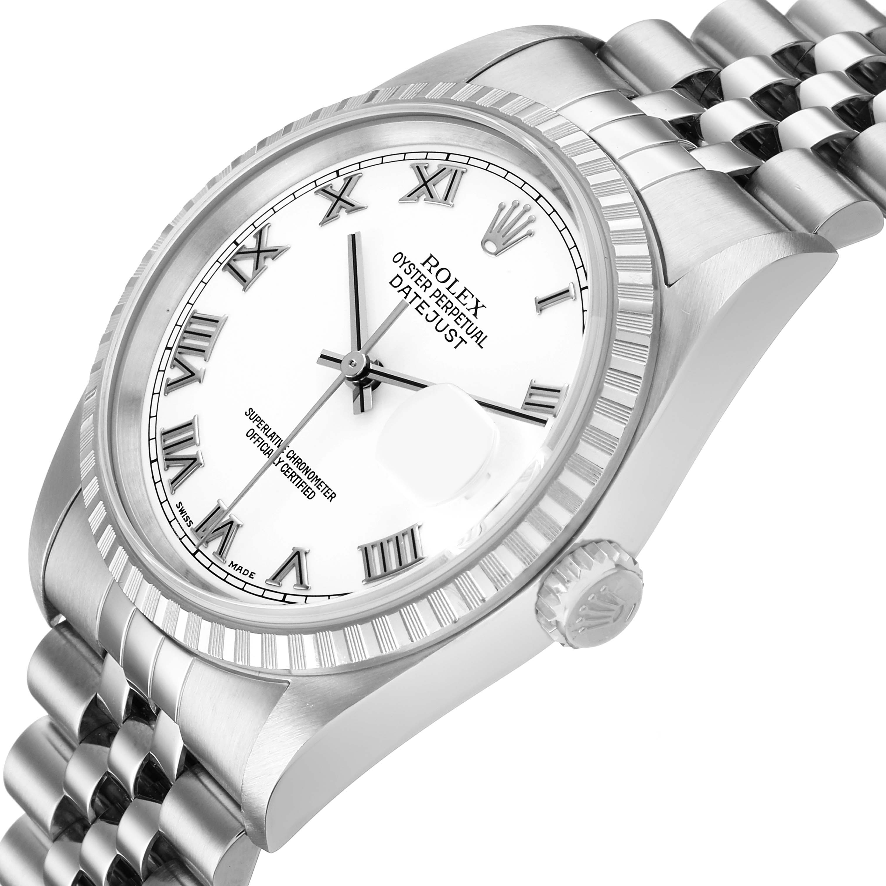The image shows a Rolex Datejust 16220 Men's Stainless Steel White Dial watch at a three-quarter angle, highlighting the bezel, crown, and part of the bracelet.
