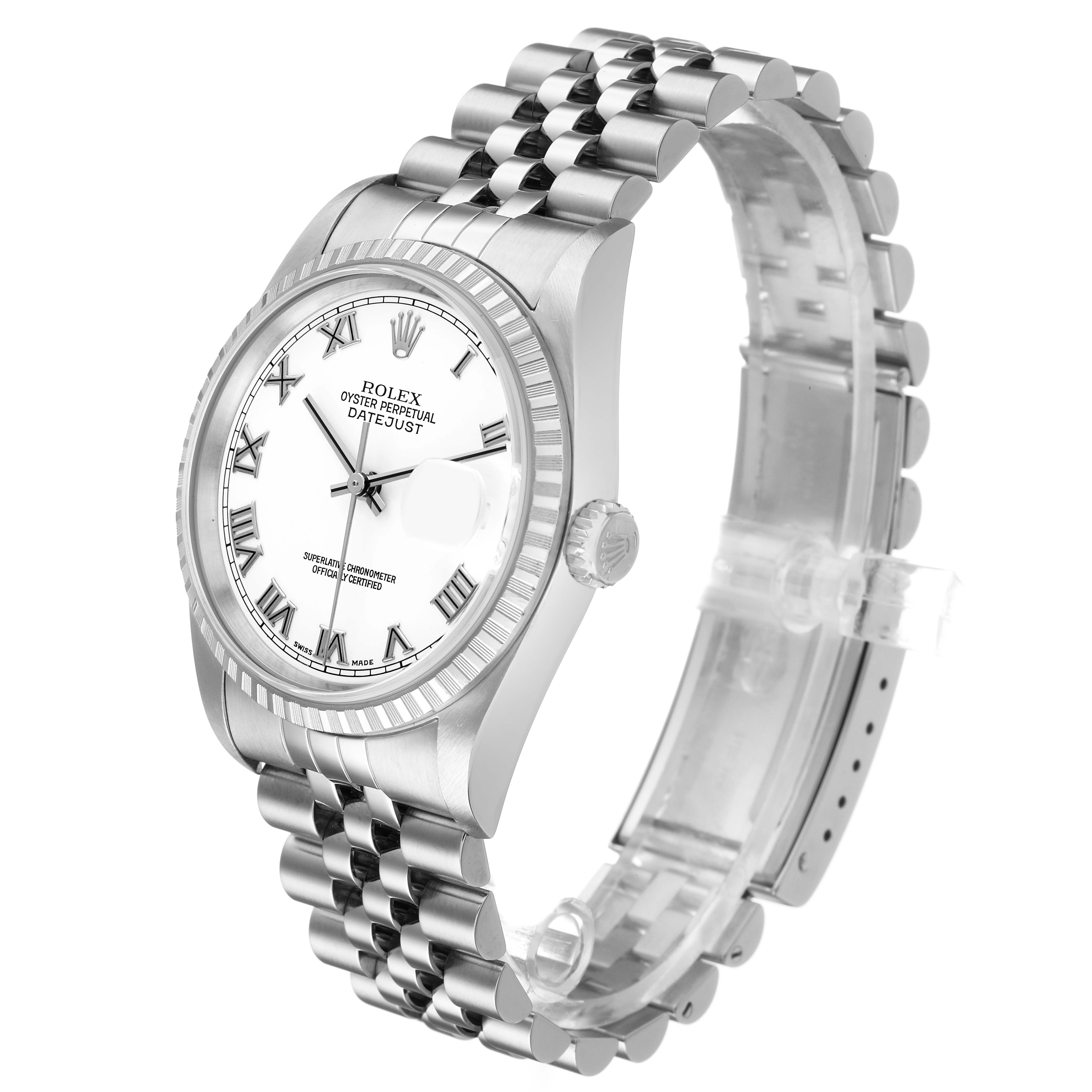 The Rolex Datejust 16220 Men's Stainless Steel White Dial watch is shown at an angled side view, highlighting the dial, bezel, crown, and Jubilee bracelet.