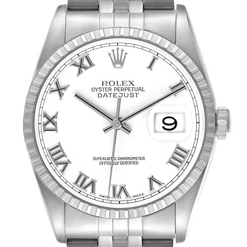 The Rolex Datejust 16220 Men's Stainless Steel White Dial watch is shown from the front, displaying the dial, bezel, crown, and part of the bracelet.