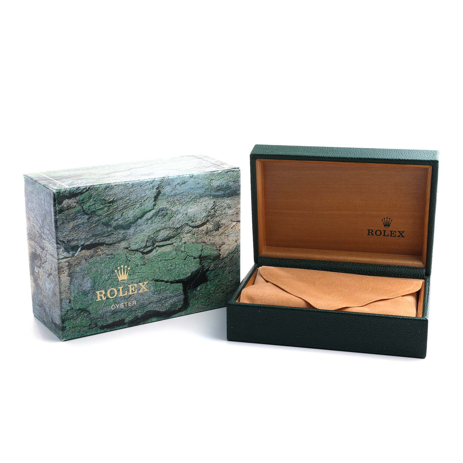 The image shows an open and closed Rolex Datejust 16220 Men's Stainless Steel White Dial box, featuring the outer packaging and inner watch case.