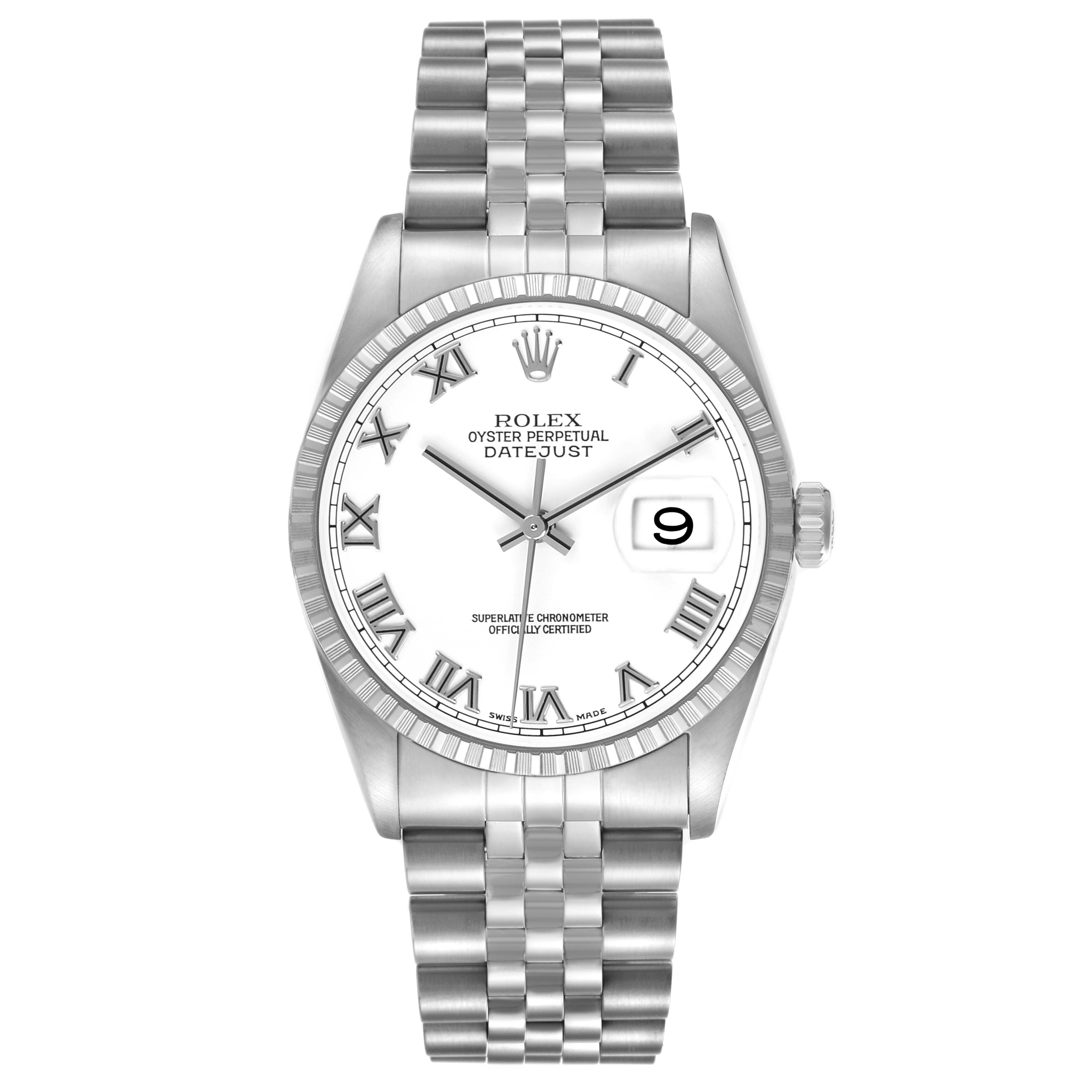 This Rolex Datejust 16220 Men's Stainless Steel White Dial watch is shown from a front angle, highlighting its face, Roman numerals, fluted bezel, and Jubilee bracelet.