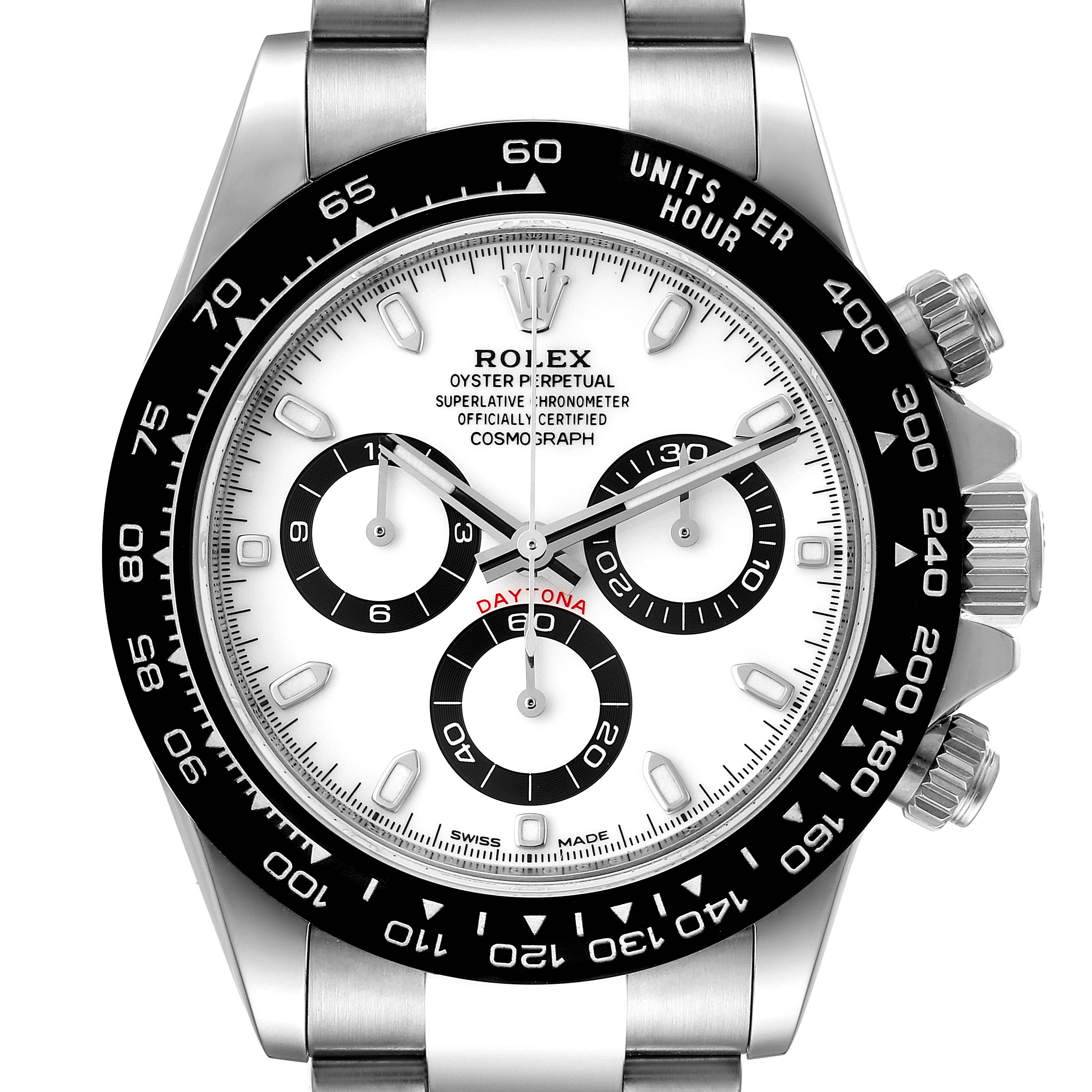 This Rolex Daytona 116500 Men's Stainless Steel White Dial 116500 Men's Stainless Steel White Dial watch is shown from the front angle, highlighting its dial, subdials, bezel, and crown.