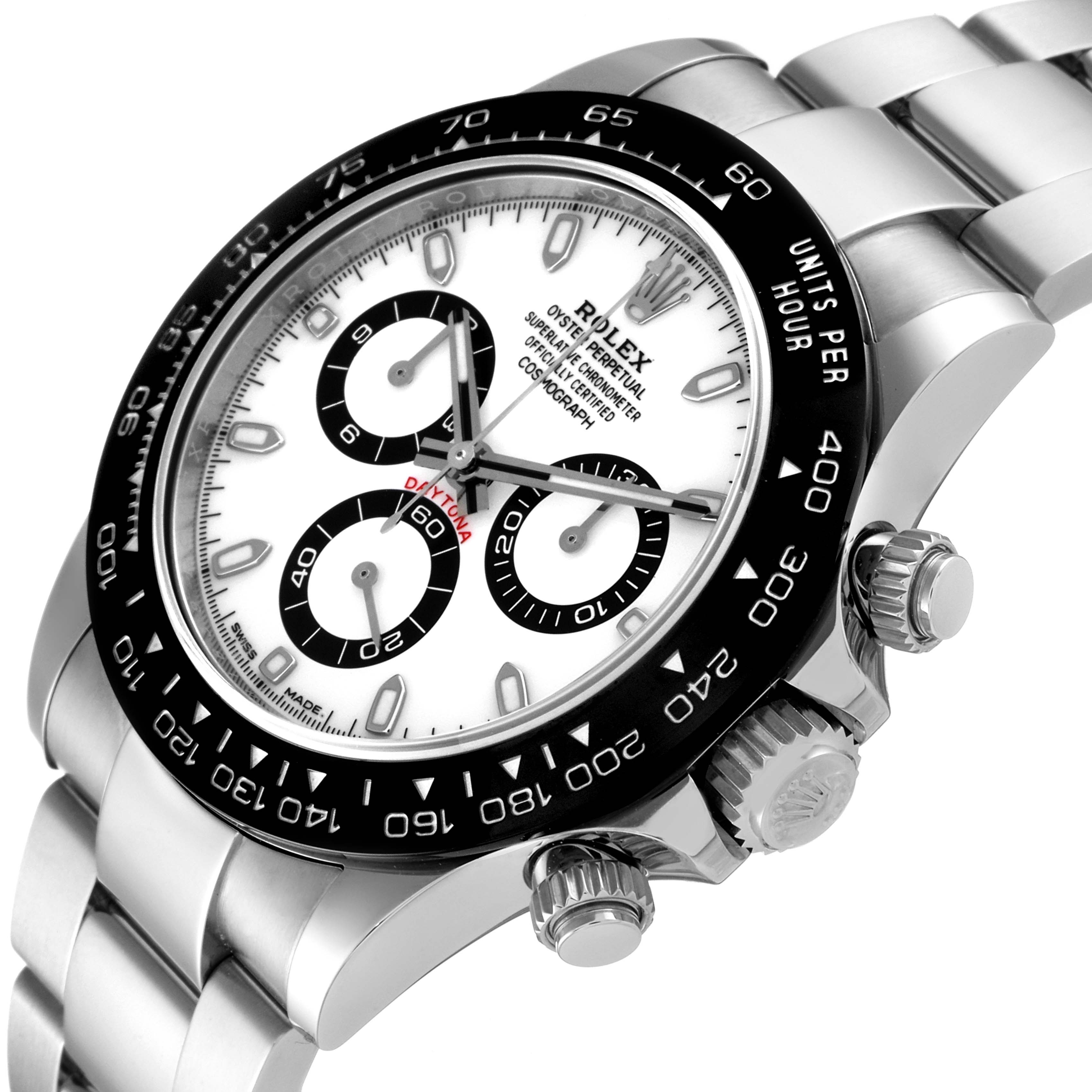 The Rolex Daytona 116500 Men's Stainless Steel White Dial 116500 Men's Stainless Steel White Dial watch is shown at an angled view, highlighting the dial, bezel, crown, pushers, and part of the bracelet.