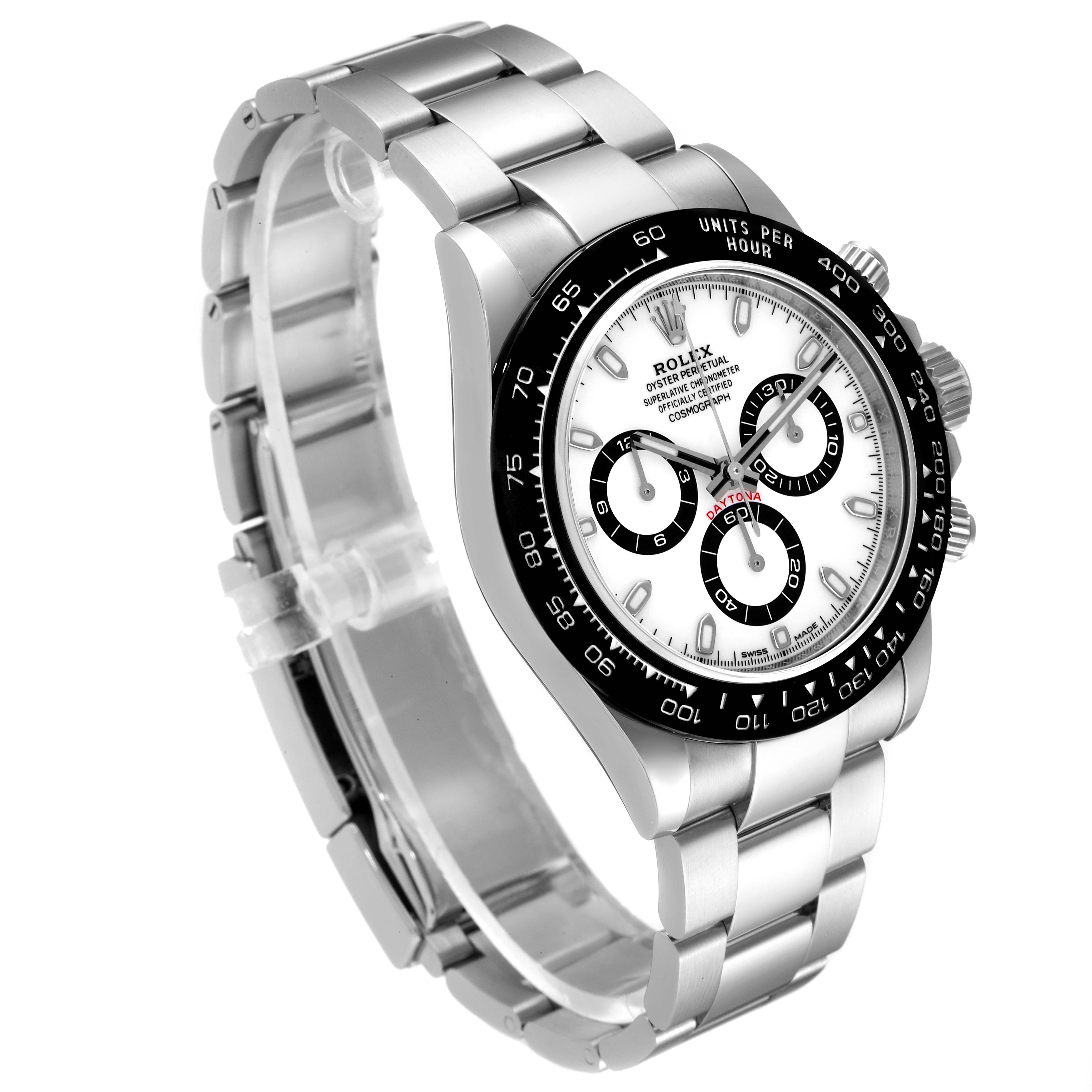 The Rolex Daytona 116500 Men's Stainless Steel White Dial 116500 Men's Stainless Steel White Dial watch is shown at an angle highlighting its face, bezel, case, bracelet, and side buttons.