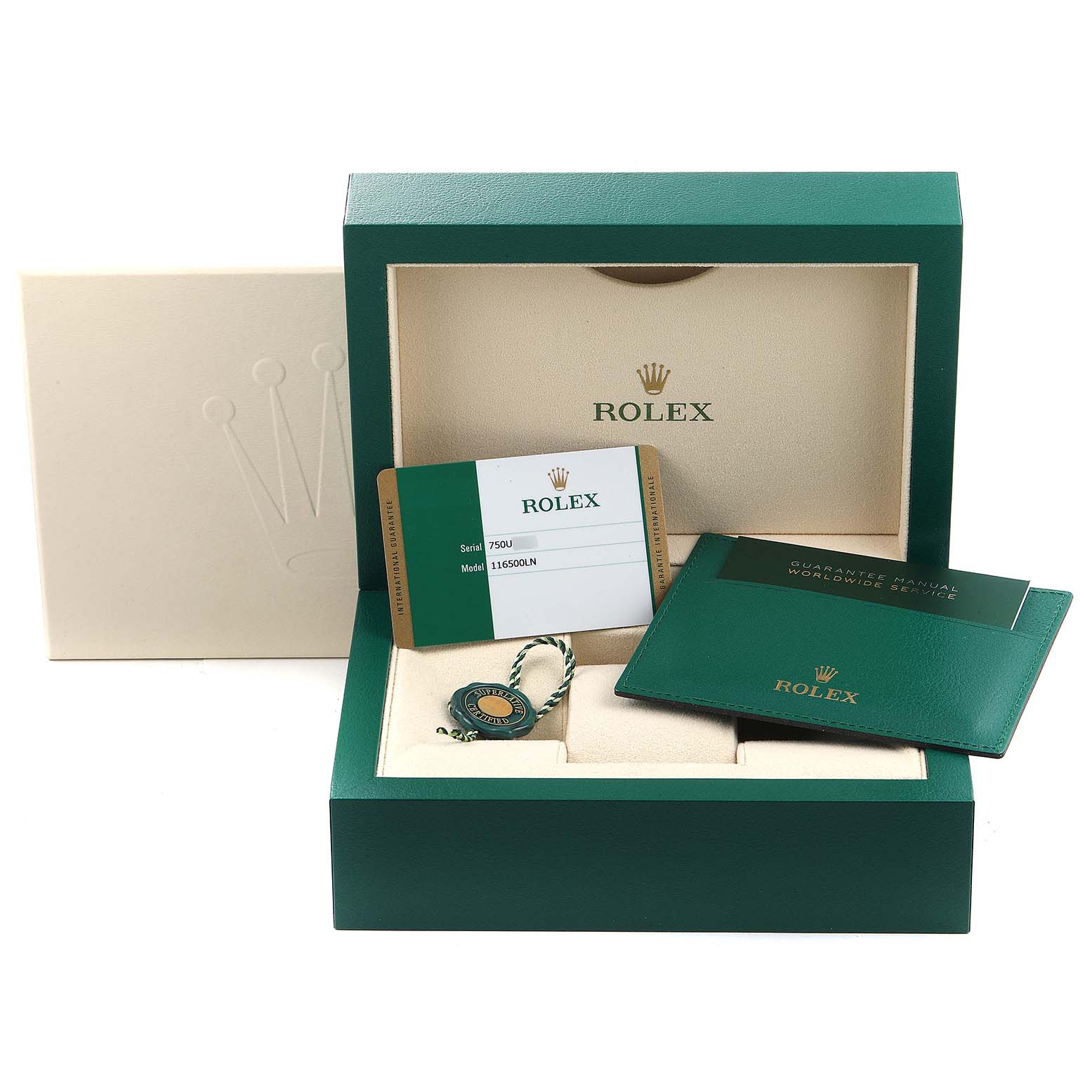 The image shows the packaging accessories of a Rolex Daytona 116500 Men's Stainless Steel White Dial 116500 Men's Stainless Steel White Dial, including the box, warranty card, and manual.